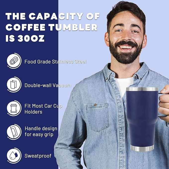 30 oz Tumbler With Handle, Double Wall Stainless Steel Vacuum Insulated Travel Mug with Splash-Proof Lid Metal Straw and Brush (Navy)