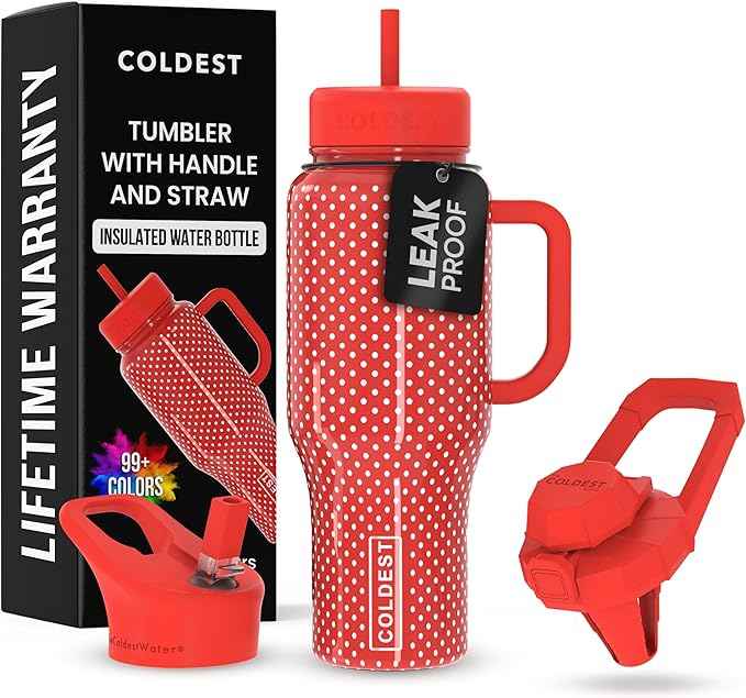 Coldest Tumbler with Handle and Straw - 100% Leak Proof Insulated Tumbler with Lid and Straw (3 Lids) - Stainless Steel Tumblers for Women & Men - Cup Holder Friendly Base, 36 oz (Red Dress)