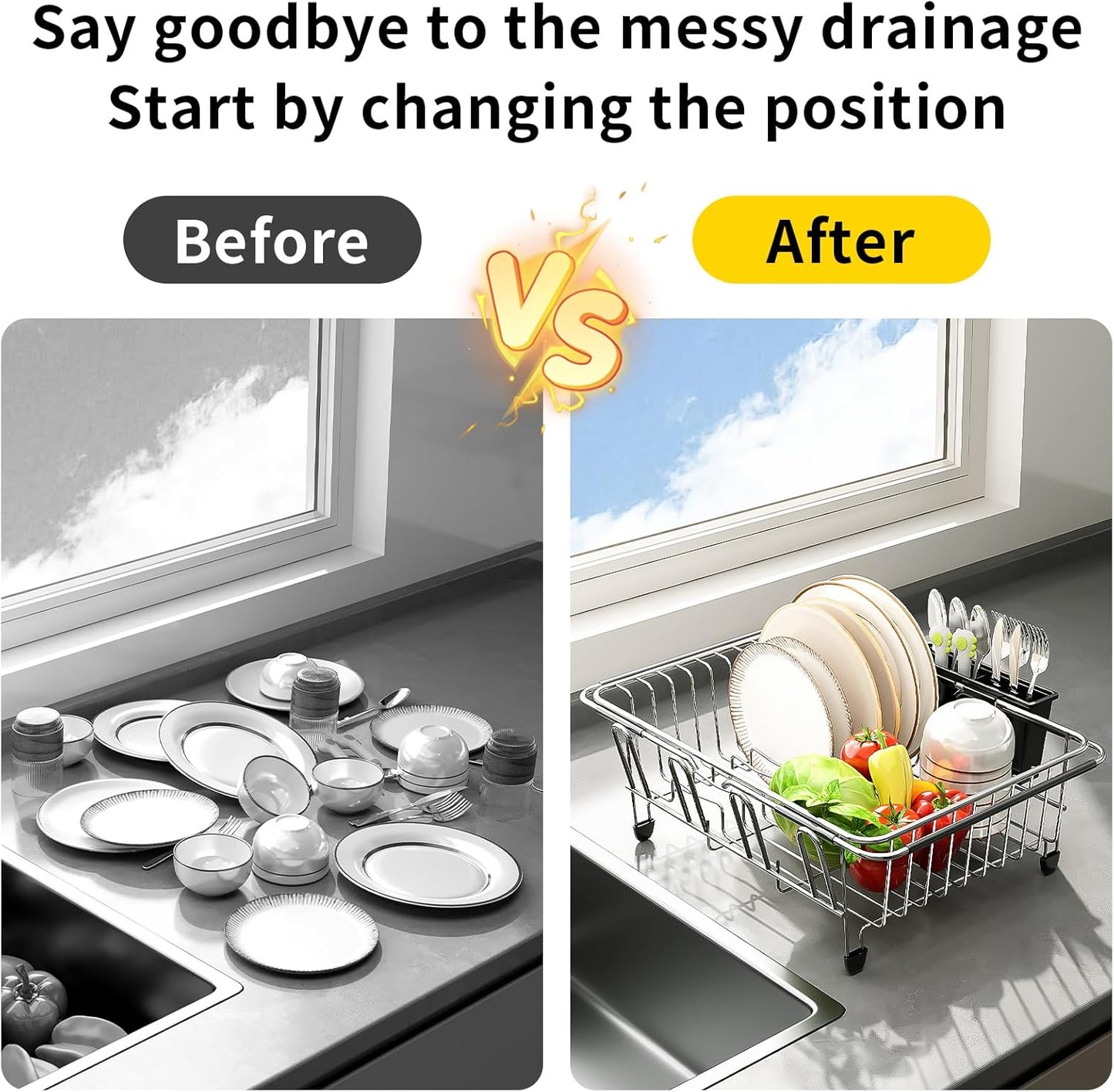 PureBox Expandable Over The Sink Dish Drying Rack - Adjustable Stainless Steel Dish Rack for Kitchen Counter or In-Sink, Heavy-Duty Rust-Proof Space Saving Drainer with Utensil Holder (15.5" to 23.2")