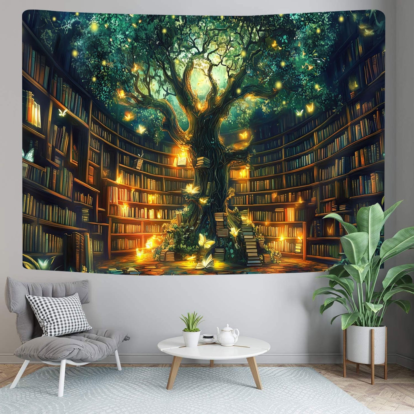 Fantasy Library Tapestry, Fairytale Tree Magic Bookshelf Aesthetic Tapestries for Classroom, Witchy Fairy Tree Mysterious Vintage Bookshelf Book Art Tapestry Wall Hanging College Room Bedroom, 40"X30"
