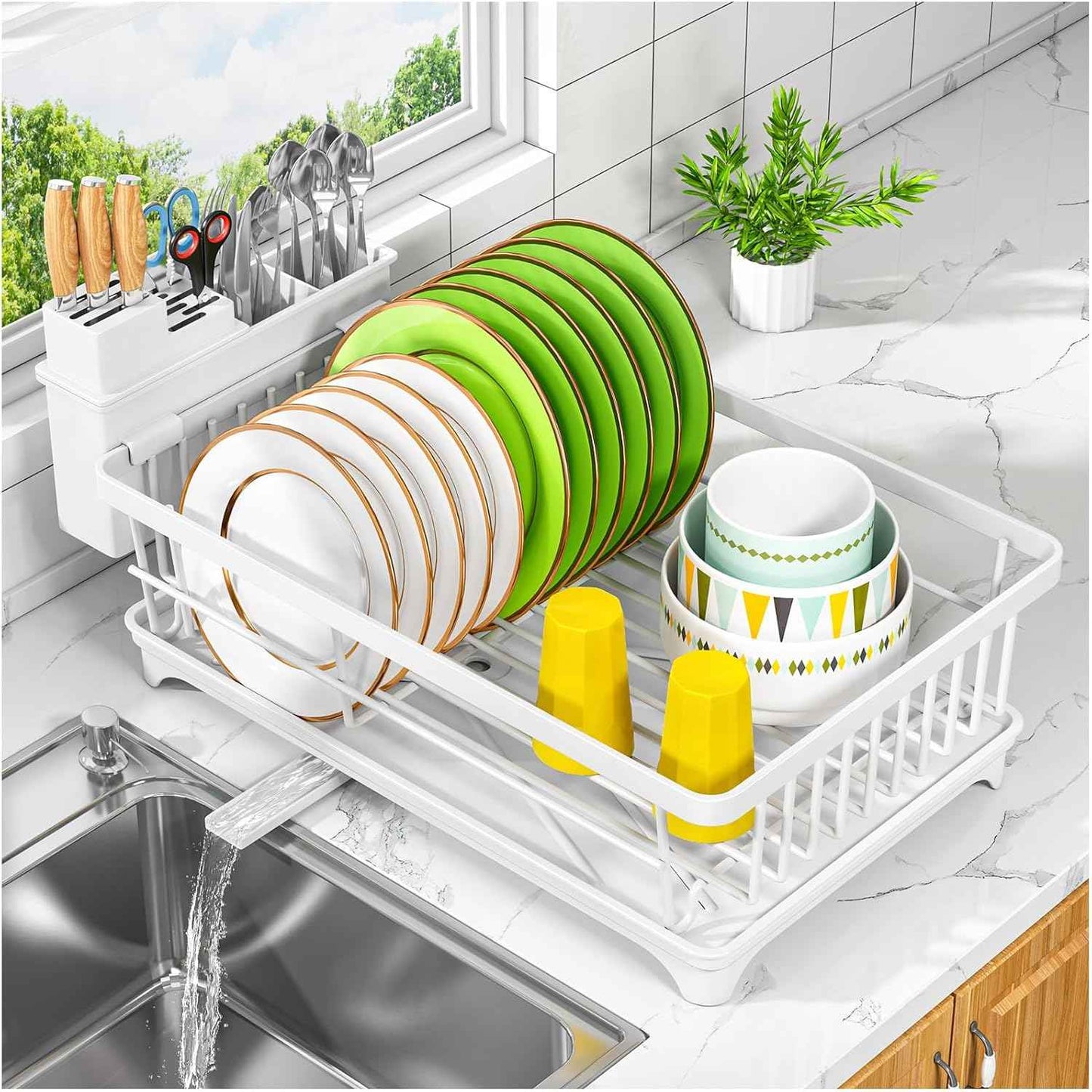 Kmiectse Dish Drying Rack - Space-Saving Small Dish Rack for Kitchen Counter, Rust-Resistant Kitchen Drying Rack, Compact Dish Drainer Organizer with Utensil Holder for Home Kitchen, White