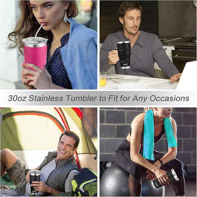 30oz Tumbler, 2 Packs Stainless Steel Double Wall Vacuum Insulated Tumbler Travel Mug With 8Pcs Reusable Straw, 2Pcs Slider Lid, Cleaning Brush, 2Pcs Handles (Black + Purple)