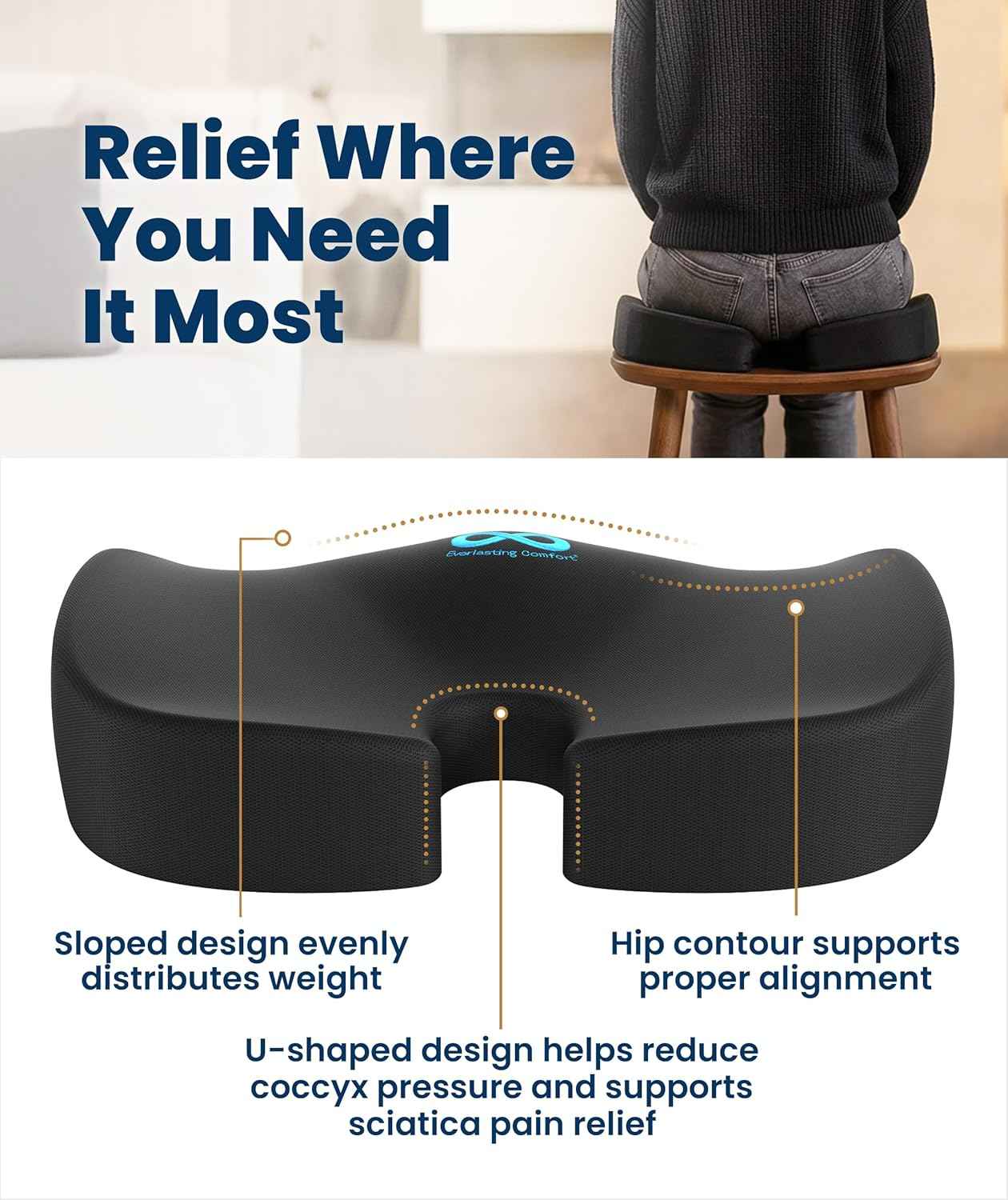 Everlasting Comfort Doctor Recommended Memory Foam Seat Cushion for Office Chairs & Car - Ergonomic Office Desk Accessories - Cushions for Tailbone Pain Relief, Sciatica (Black, Large)