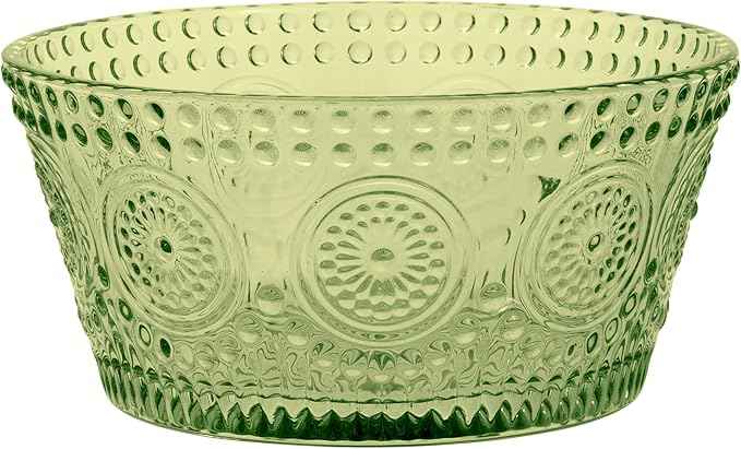 Boston International Vintage-Inspired Glass Serving Bowl with Embossed Floral Pattern for Salad Snacks Dinner, Small 4.75" x 2.25", Olive Green Codi