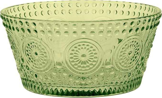 Boston International Vintage-Inspired Glass Serving Bowl with Embossed Floral Pattern for Salad Snacks Dinner, Small 4.75" x 2.25", Olive Green Codi
