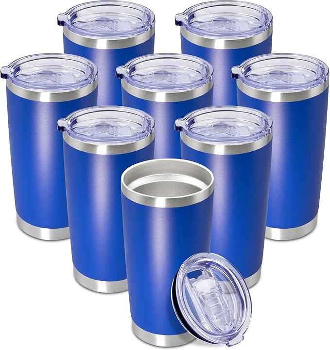 20 oz Tumbler Coffee Travel Tumblers Bulk with Lid Stainless Steel Double Wall Vacuum Insulated Mug Powder Coated Cups fit Car Cupholder for Hot and Cold - Dark Blue, 8Pack