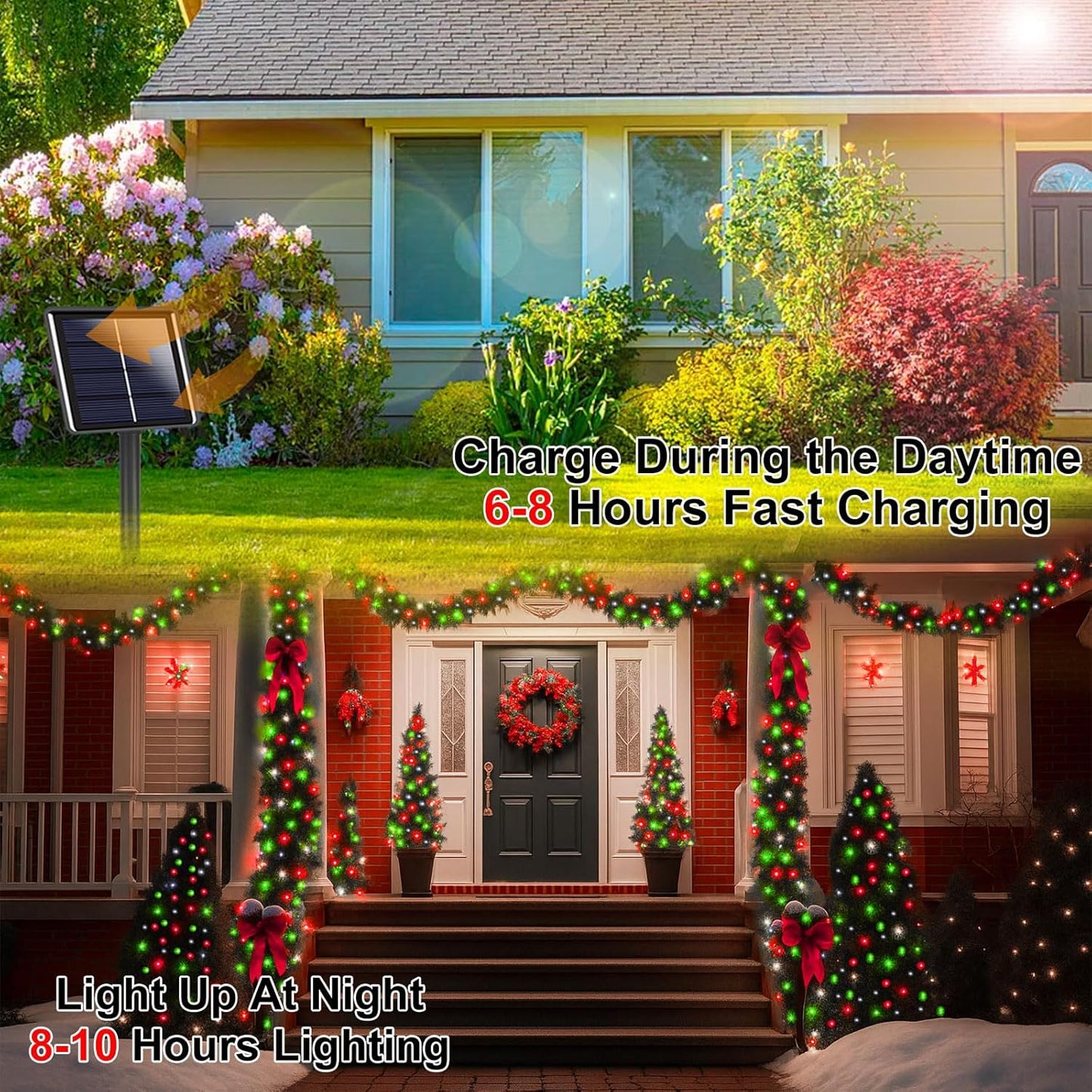 Extra-Long 144FT Solar String Lights for Outside, 2 Pack 400LED Solar Fairy Lights Outdoor, Waterproof Copper Wire with 8 Modes Twinkle Lights for Tree Garden Party Xmas Decor (Red White and Green)