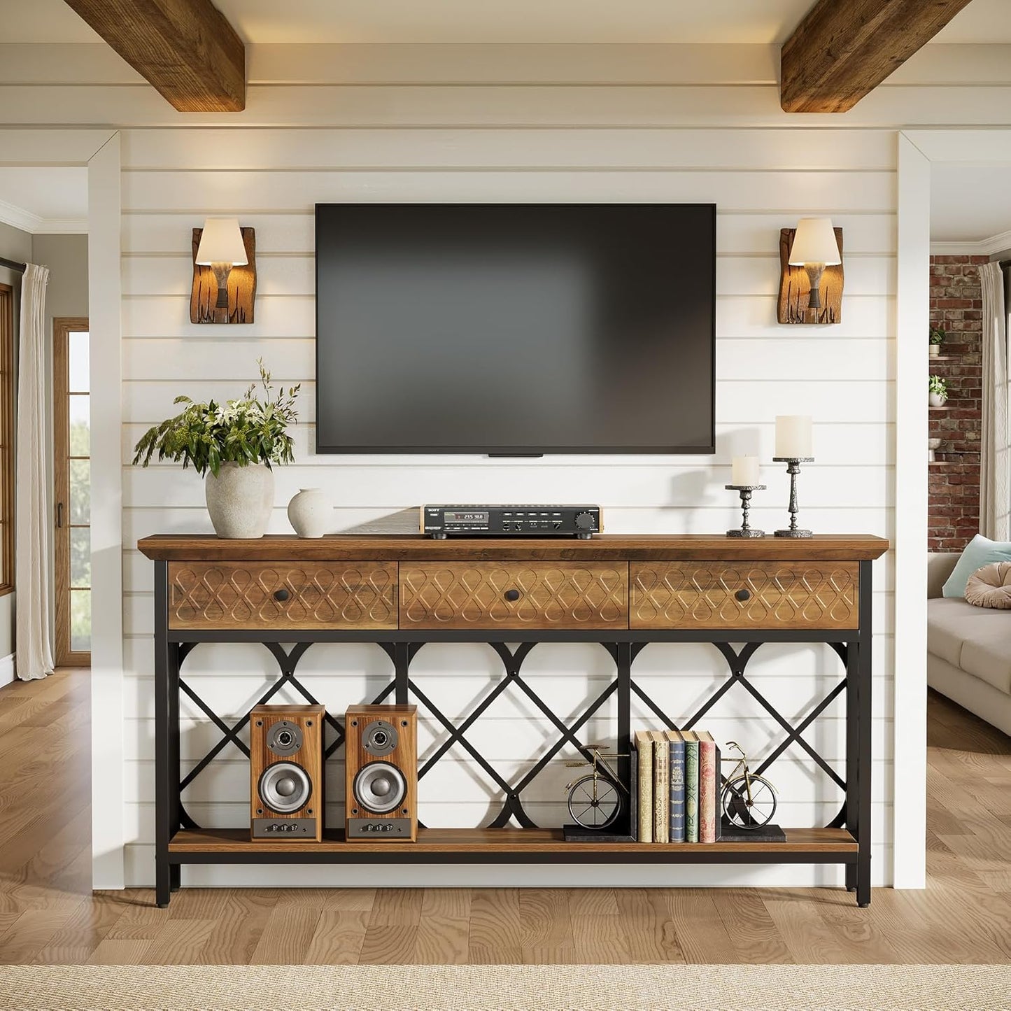 Tribesigns 70.86" Extra Long Console Sofa Table with 3 Drawers, Industrial 2-Tier Narrow Entryway Table Behind The Couch for Living Room, Entryway, Hallway