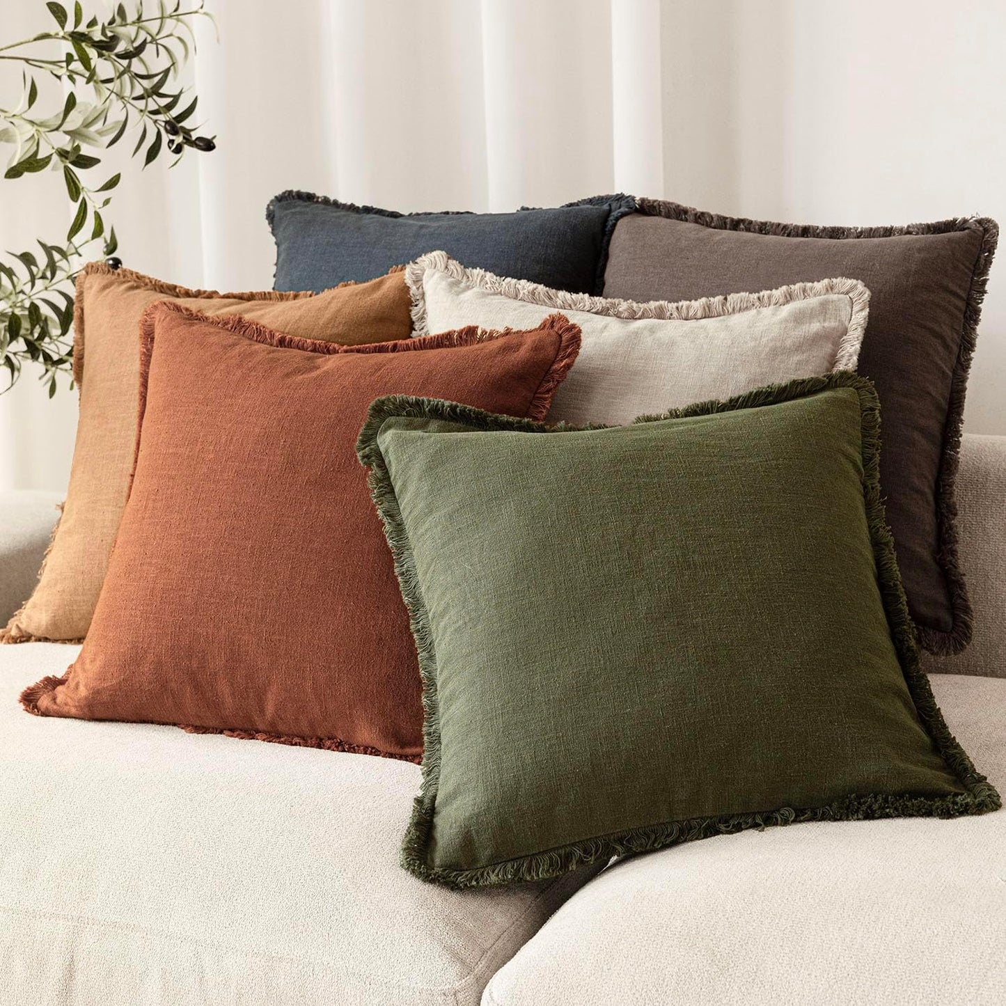 Foindtower Set of 2 Decorative Linen Fringe Throw Pillow Covers Boho Farmhouse Cushion Cover with Tassels Soft Accent Pillowcase for Couch Sofa Bed Living Room Home Decor,24×24 Inch,Orange Brown