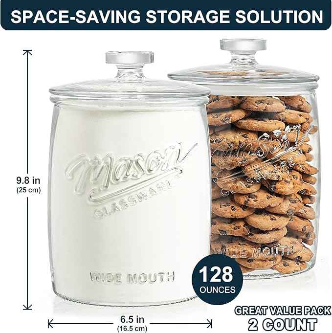 2 Pack Cookie Jar, 1 Gallon Glass Jar with Airtight Lids - Large Wide Mouth Mason Jar for Kitchen Pantry& Laundry Room, Glass Apothecary Canisters Sets for Candy, Flour, Rice, Coffee, Display