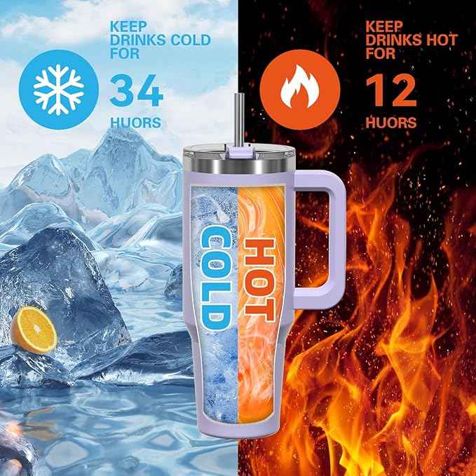 40 oz Tumbler with Handle,Tumbler with Lid and Straw,Double Wall Insulated Cup Stainless Steel Travel Mug(Cold for 34 Hours),Water Bottle for Iced Tea,Coffee,Cold Beverages(Purple)