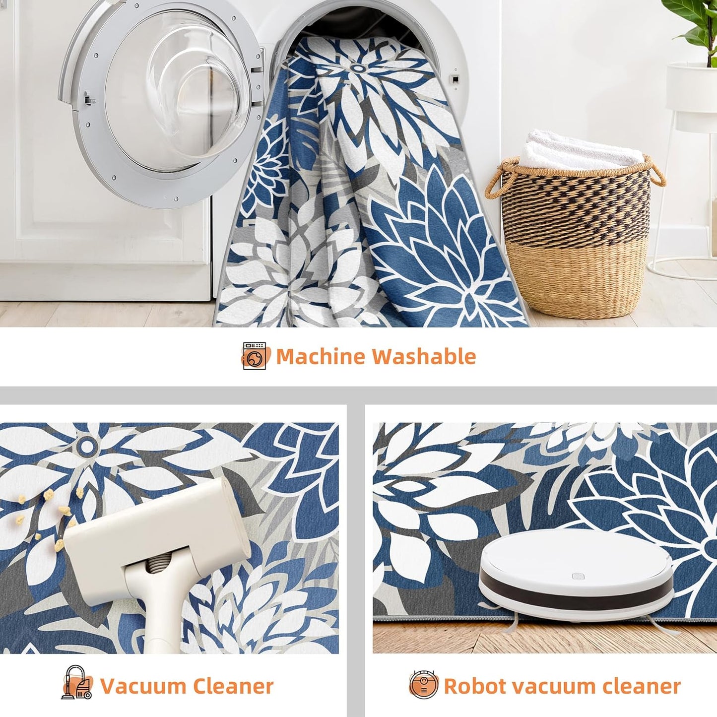 Indoor Outdoor Area Rug Washable Multicolored Patio Rug Tropical Botanical Modern Floral Indoor Outdoor Carpet Blue White Rug Non Slip for Patio, Deck, Backyard, Porch (6x9)