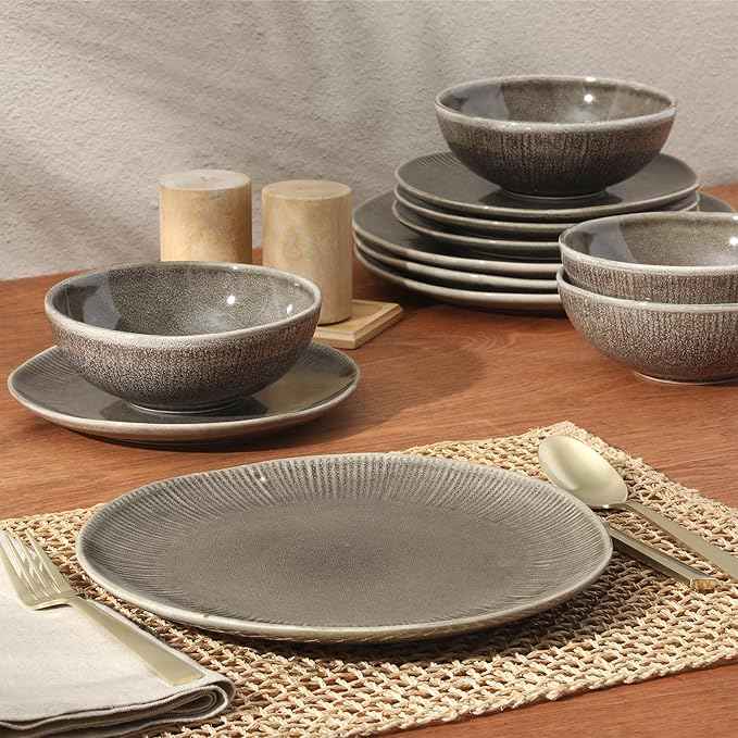 Gibson Elite Sandy Pines Stoneware Plates and Bowls Set - 12 Piece Reactive Glaze Dinnerware Set - Service for 4 - Dishwasher and Microwave Safe - Brown