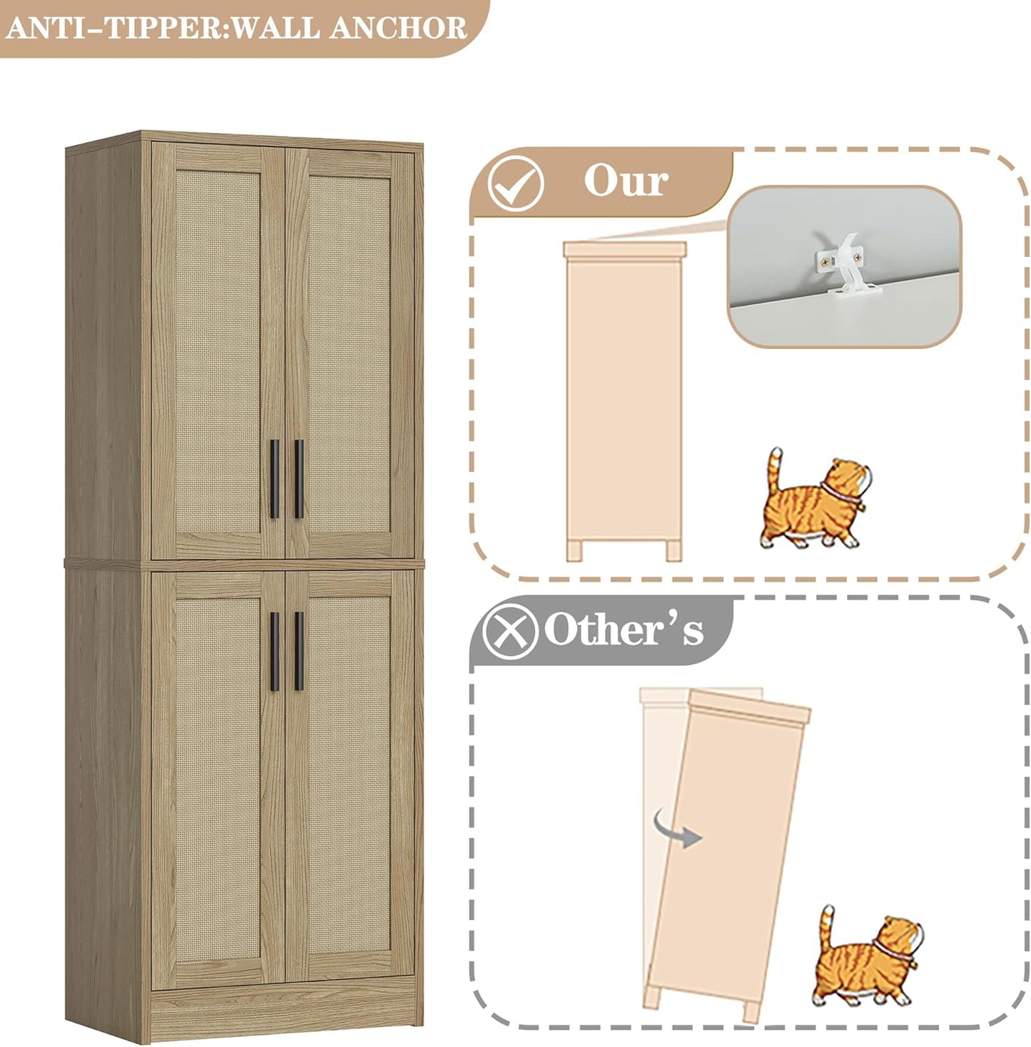 Pantry - Kitchen Pantry Cabinet, Tall Storage Rattan Cabinet with 4 Doors and Adjustable Shelves, Linen Closet Freestanding Cupboard for Dining Room Living Room, Laundry, Bathroom