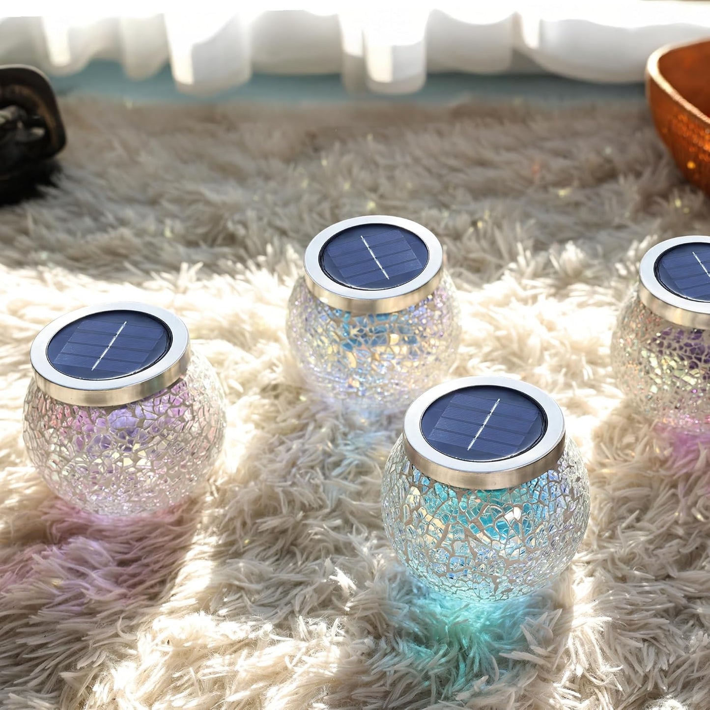 Cooo 4 Pack Heavy Solar Mosaic Crackle Glass Lights with Dual Solar Panels, Color-Changing RGB Lantern, Exclusive Dazzling Glass, Waterproof Outdoor Table Lamps Garden Lamp Landscape Path Light