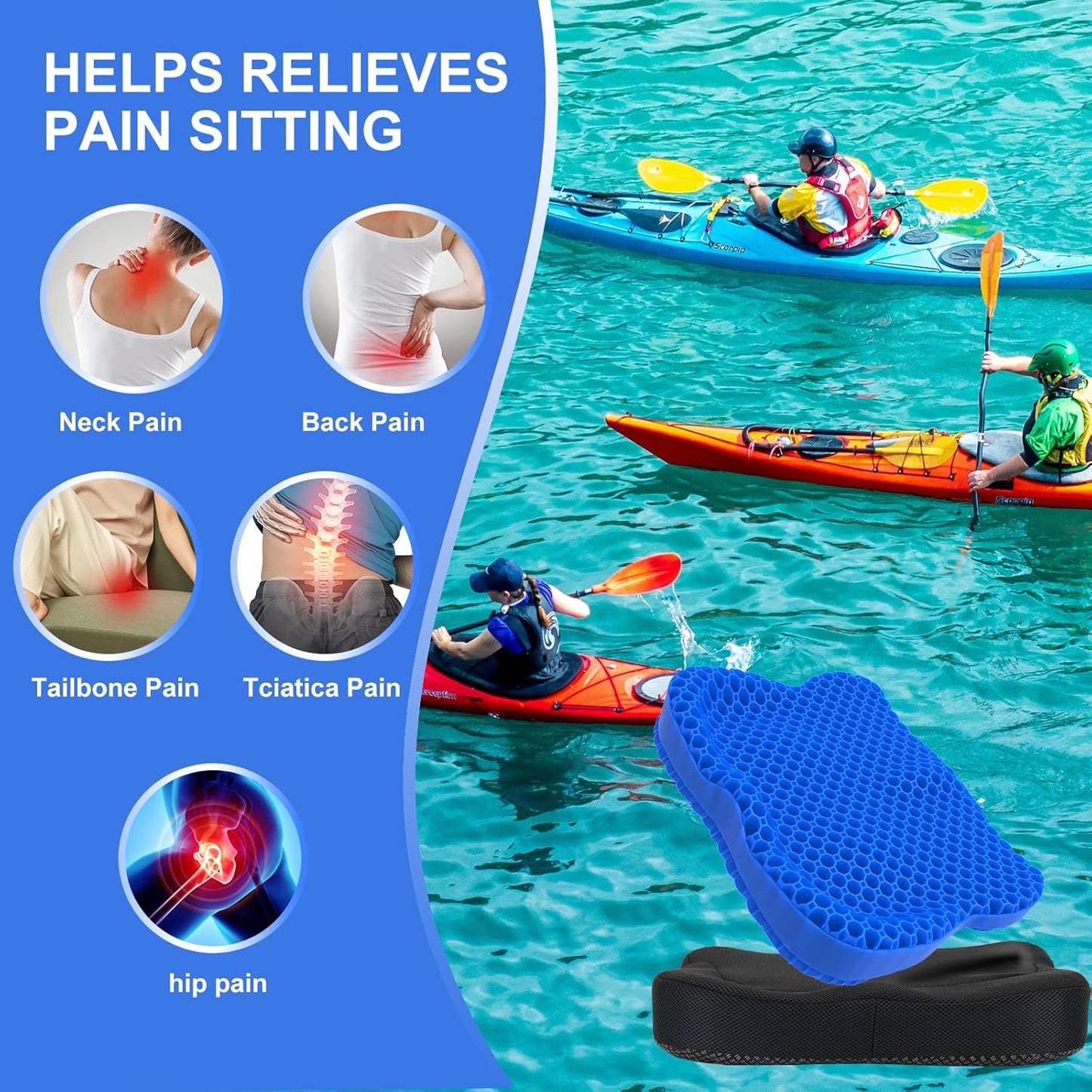 Thicken 19.7in Seat Cushion, Gel Seat Cushion for Long Sitting–Office Chair, Wheelchair, Car Cushion, Large Cooling Pad for Back Pain, Sciatica, Tailbone Pain Relief