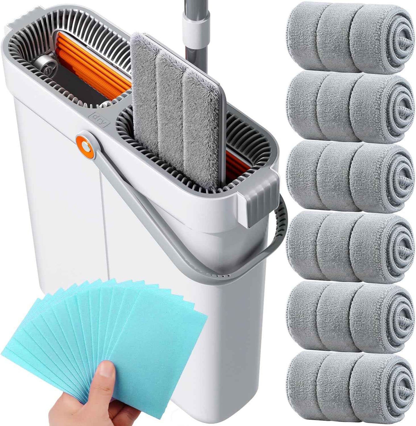 15.7" Flat Mop and Bucket Set with Wringer System | Wet Dry Floor Mop, 6 Reusable Microfiber Pads for Home, Tiny Home, Safe for Hardwood, Tile, Wall & Window Cleaning