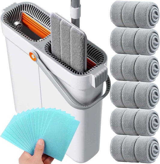 15.7" Flat Mop and Bucket Set with Wringer System | Wet Dry Floor Mop, 6 Reusable Microfiber Pads for Home, Tiny Home, Safe for Hardwood, Tile, Wall & Window Cleaning