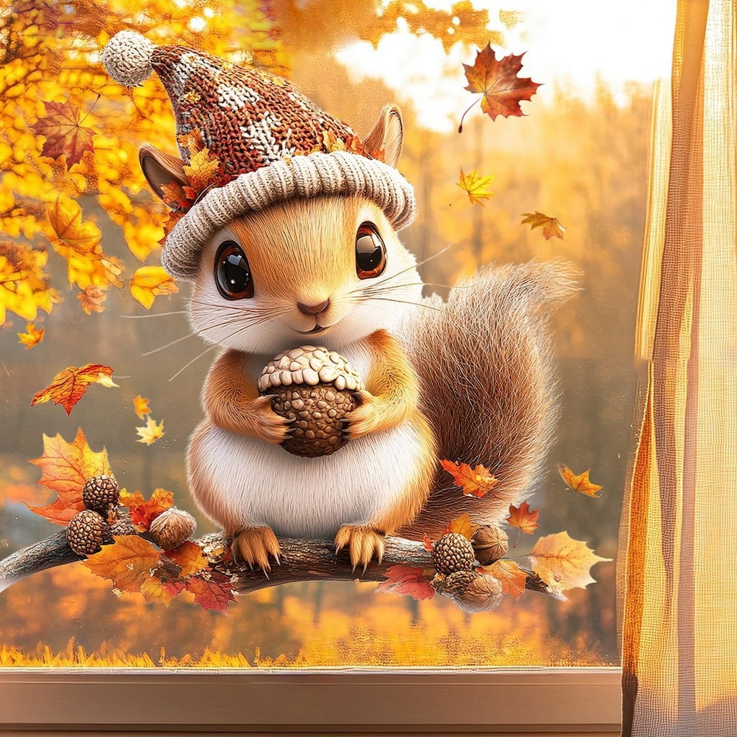 Fall Window Clings for Glass Thanksgiving Static Cling Window Decals 1PCS Cute Squirrel Maple Leaves Autumn Reusable Window Stickers Home School Office Decorations