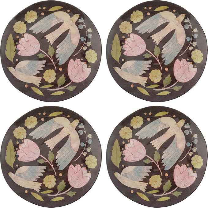 Karma, 8.75 inches Melamine Salad Plates Set of 4, Reusable Dishwasher Safe Plates for Outdoor and Indoor, Folklore Birds