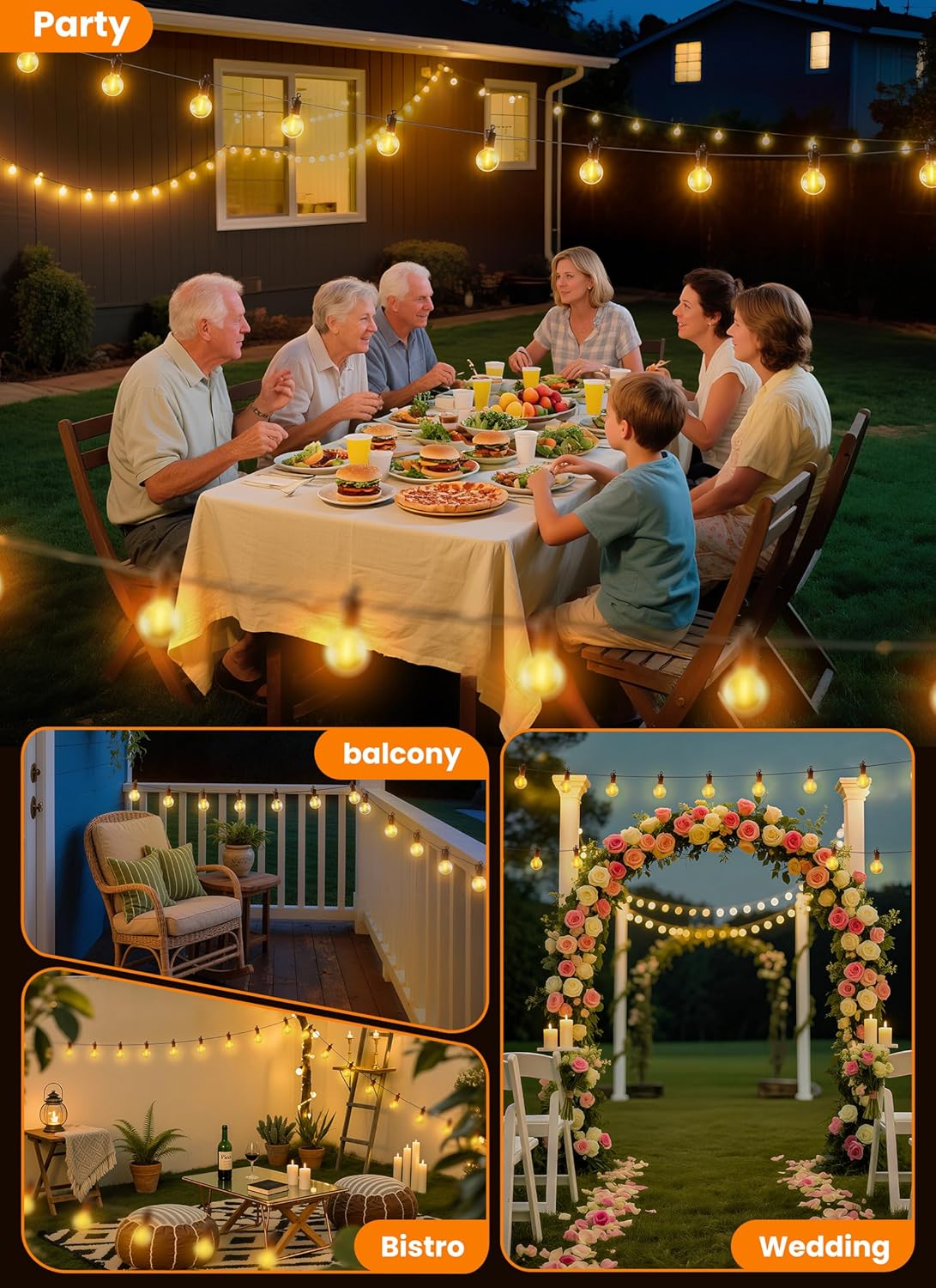 Outdoor-String-Lights-Paio-Lights, 100FT (50FT*2) 50+2 Shatterproof Bulbs Outdoor Patio Lights, IP65 Waterproof Connectable Hanging Outside Light for Backyard, Porch, Deck, Balcony, 2200K