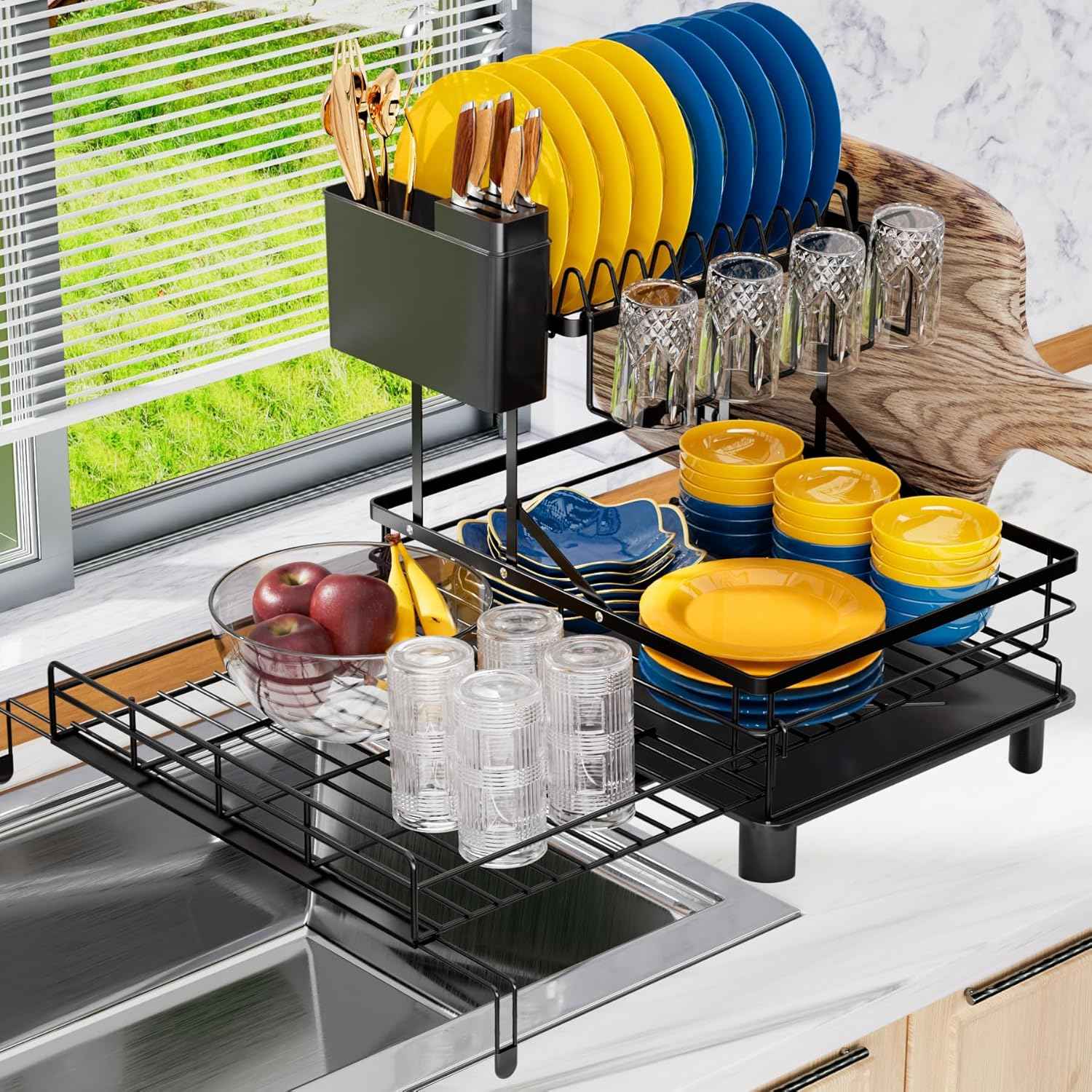 2 Tier Dish Drying Rack - Expandable Dish Rack Over Sink, 304 Stainless Steel Dish Rack for Kitchen Counter, Dish Drainer w Utensil Holder, Drainboard & Cups Holder, Anti-Rust & Space Saving