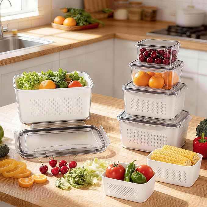 6 PCS Fruit Storage Containers for Fridge with 6 Removable Colanders, BPA Free Fruit Containers for Fridge, Dishwasher & Microwave Safe Produce Containers Keep Fruits, Vegetable, Berry Fresh Longer