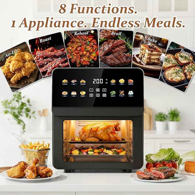 10QT Air Fryer Oven, 8-in-1 Air Fryer Toaster Oven Combo with 8 Presets, Family Size Countertop Oven with 2 Baking Racks & Gloves for Roasting, Baking, and Air Frying, Easy to Clean