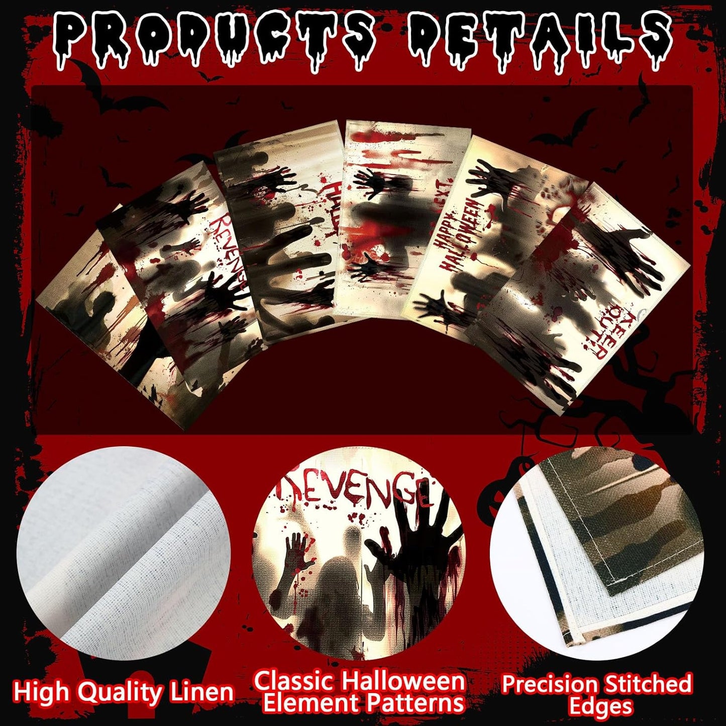 Umigy 6 Pcs Halloween Placemats 12"x18" Gothic Bat Placemats Kitchen Decoration Washable Witch Place Mats Rectangle Skull Table Mats for Halloween Dining Table Accessories (Bloody Hands Style)
