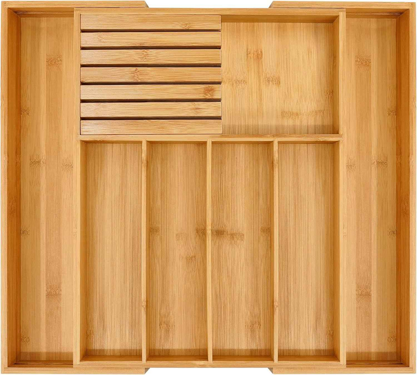 VaeFae Bamboo Silverware Drawer Organizer Kitchen, Expandable Utensil Organizer with Knife Block, Cutlery Tray with Divider, Multifunctional Drawer Organizer