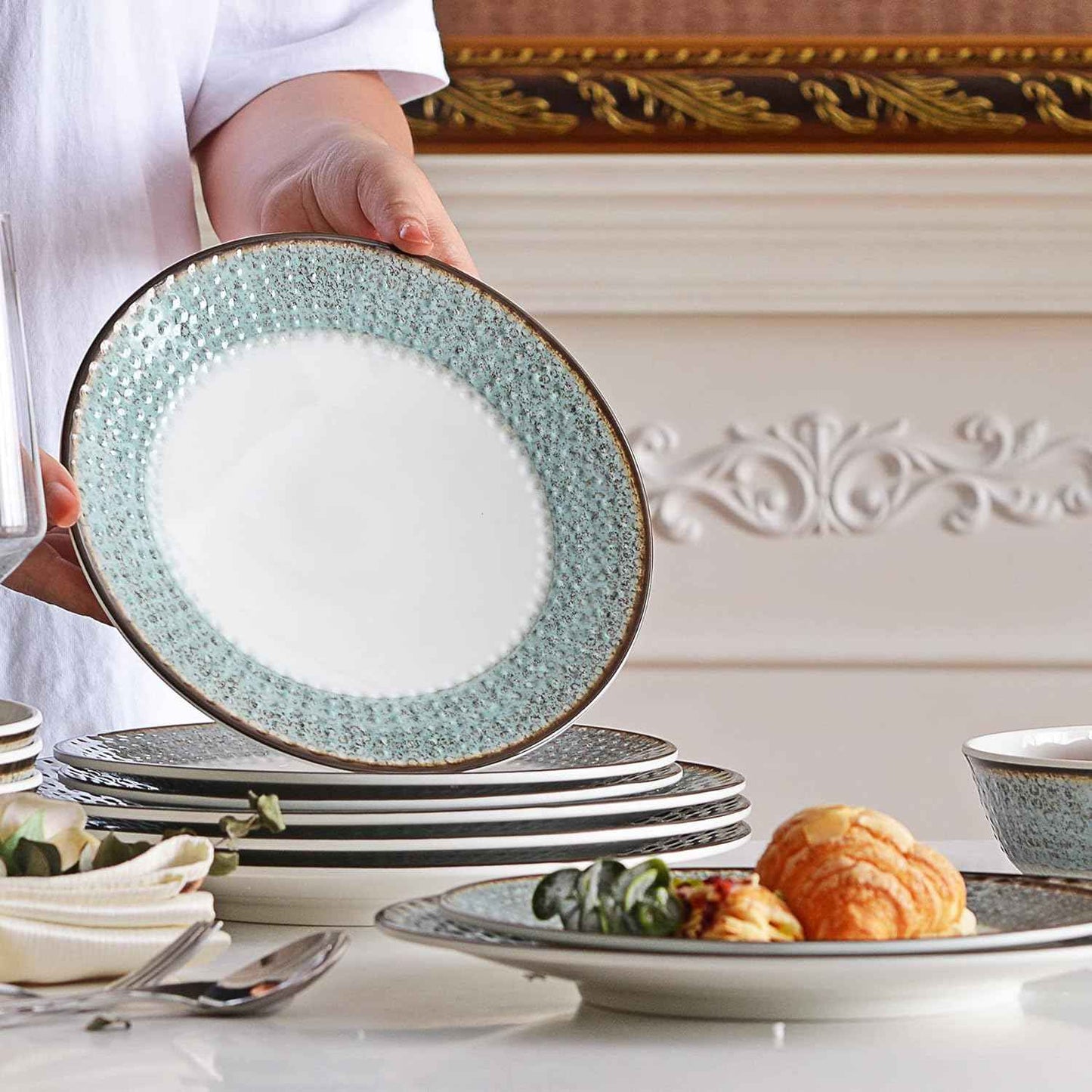 Melamine Dinnerware Sets,12pcs Plates and Bowls Sets, Melamine Dishes Set for 4, Unbreakable,Dishwasher Safe, BPA Free,Great for Indoor Use,Camping, BBQ,RV, Party,Rustic Style (Teal)