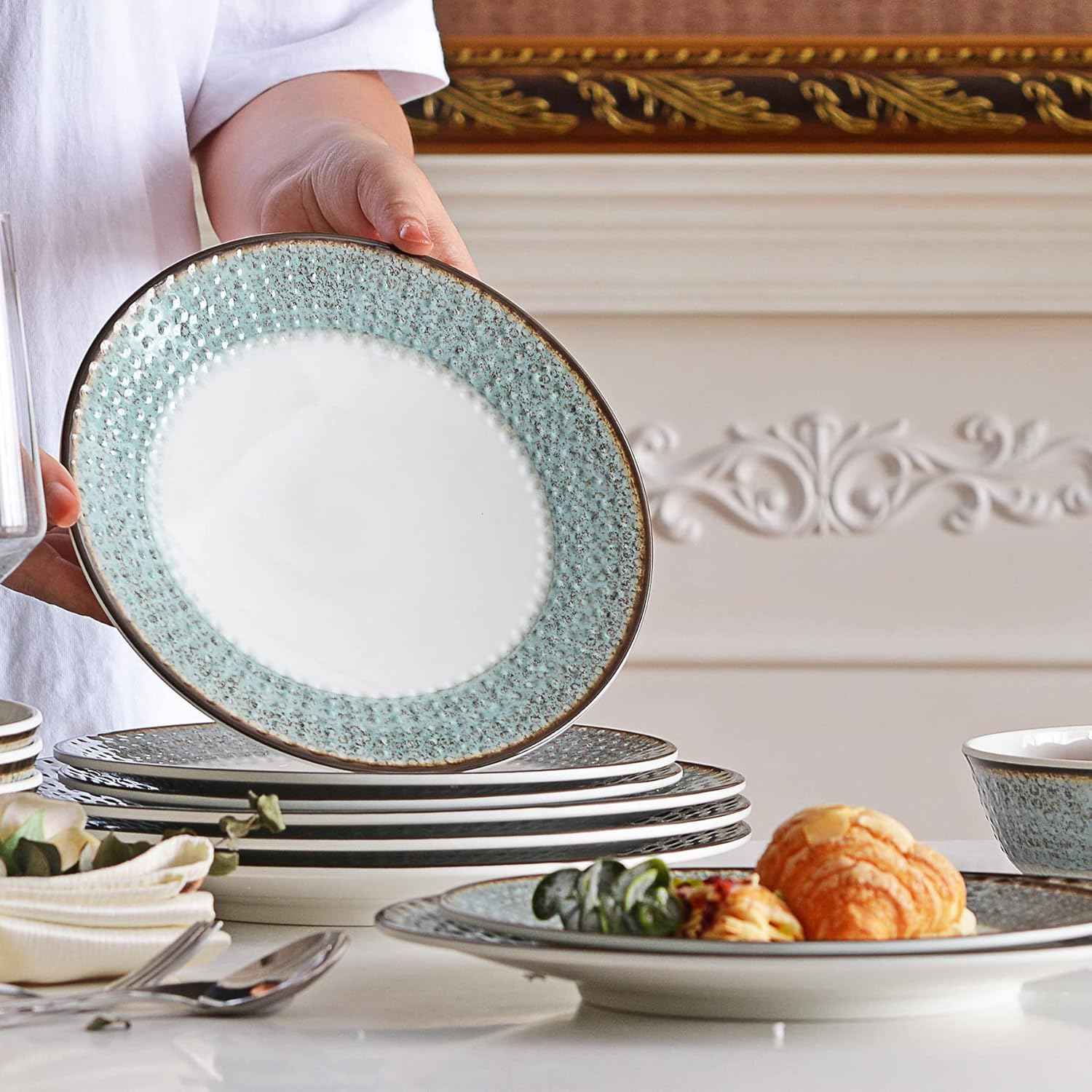 Melamine Dinnerware Sets,12pcs Plates and Bowls Sets, Melamine Dishes Set for 4, Unbreakable,Dishwasher Safe, BPA Free,Great for Indoor Use,Camping, BBQ,RV, Party,Rustic Style (Teal)