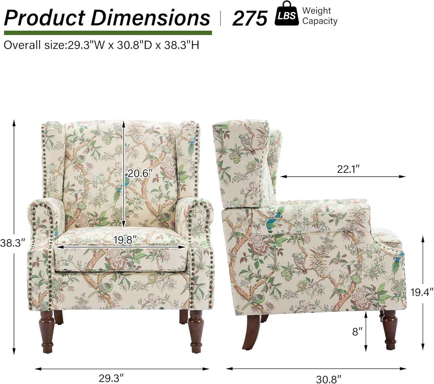Floral High Back Accent Chair, Upholstered Armchair with Solid Wood Legs, Comfy Wingback Reading Single Sofa Chair for Small Spaces, Living Room, Bedroom(Floral Bird, Set of 1)