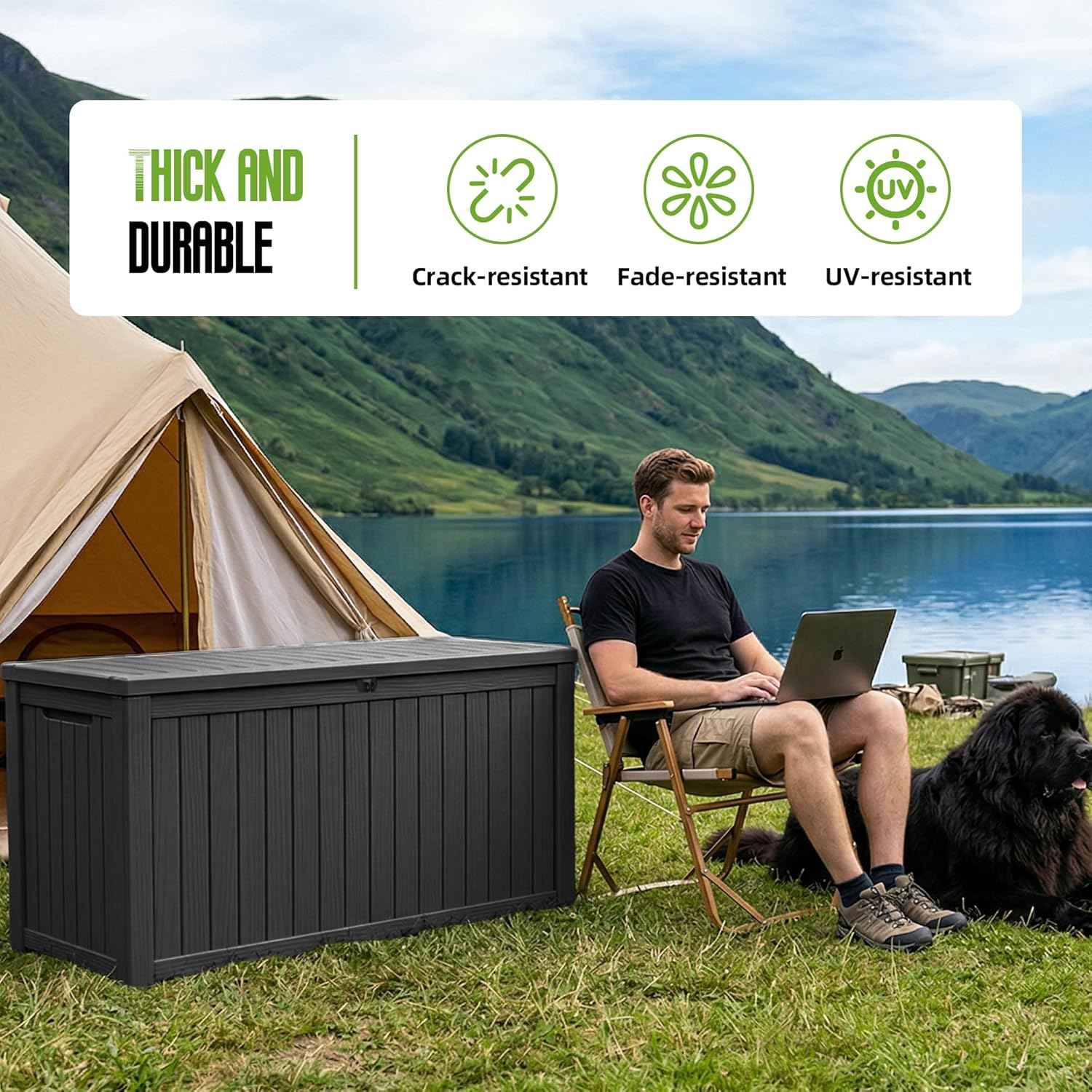 200 Gallon Outdoor Storage Deck Box Waterproof Resin Lockable Outside Bench Porch Patio Furniture Pool Float Garden Tool Cushion UV Resistant Bin Black