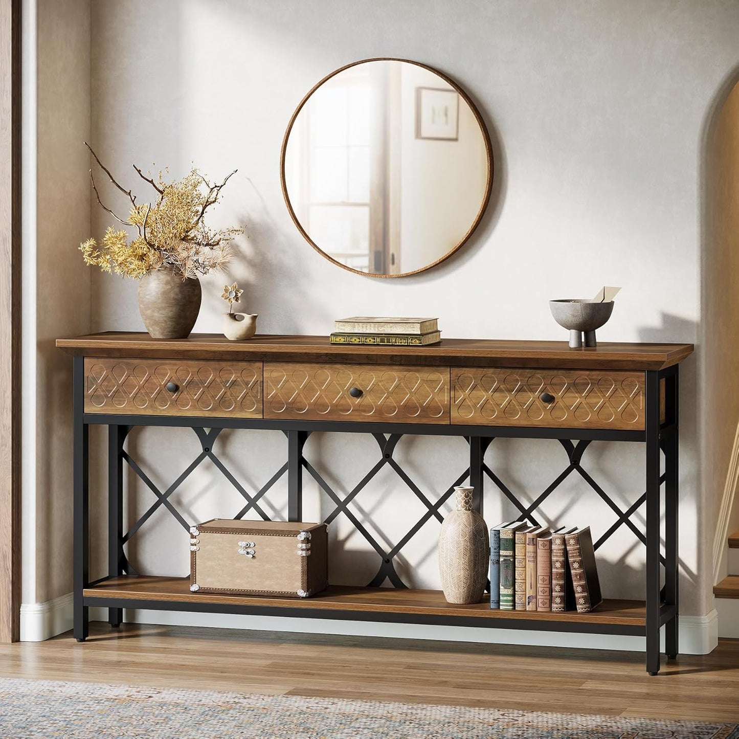 Tribesigns 70.86" Extra Long Console Sofa Table with 3 Drawers, Industrial 2-Tier Narrow Entryway Table Behind The Couch for Living Room, Entryway, Hallway