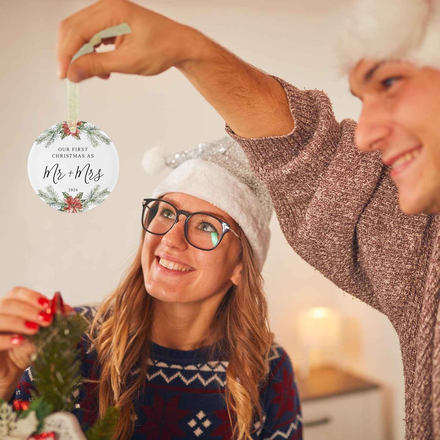 First Christmas as Mr and Mrs Ornament 2026,1st Year Wedding Ornament for Newlywed,Our First Married Christmas Ornament,Ceramic Hanging Decoration for Couples Just Married with Gift Box&Ribbon 2.9"