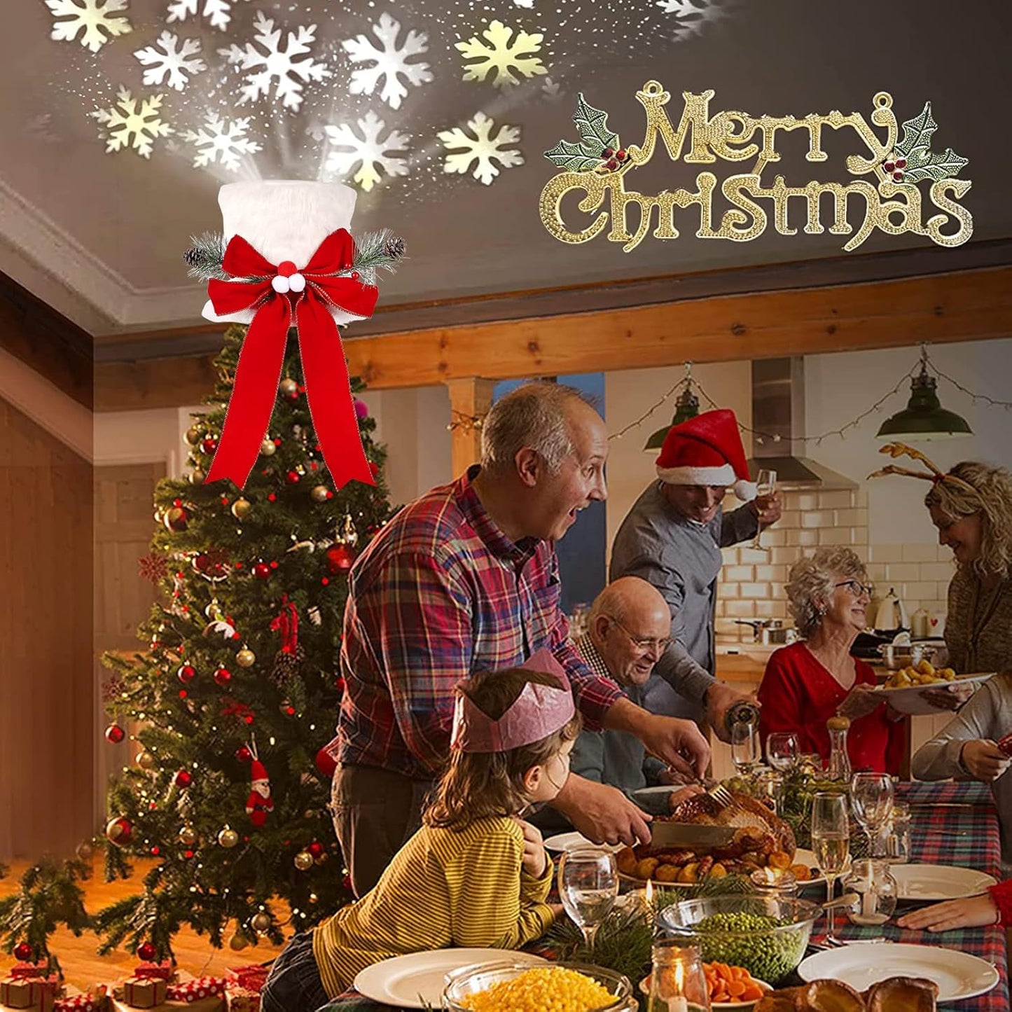 Christmas Tree Topper Hat with 3D LED Rotating Snowflake Projector, White Plush Tree Toppers Red Bow Decorations for Christmas Tree Holiday Winter Party Indoor Decorations