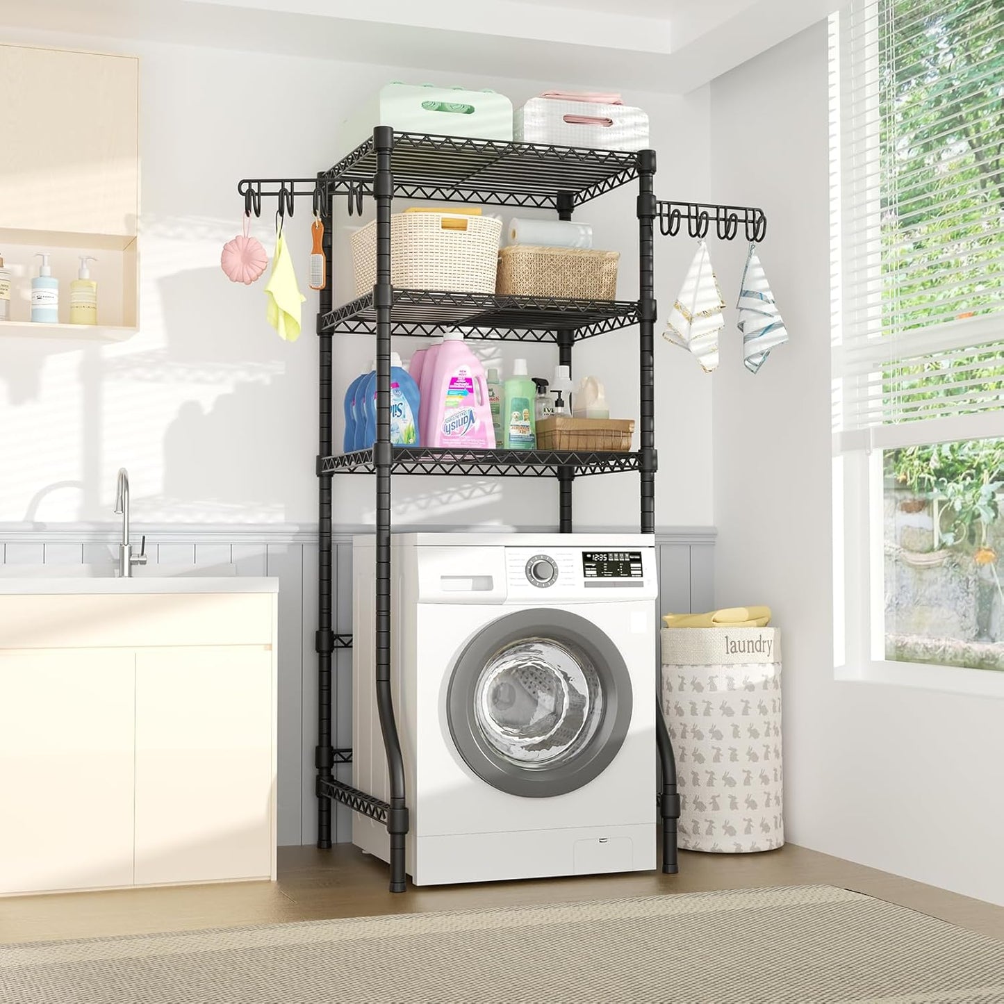 Ulif U8 Mini Laundry Room Storage Organizer, Over the Washer and Dryer Storage Shelves for Laundry Organization, 29.5”W x 17.3”D x 76.2”H, Suit Washing Machine Width within 27.1”, Hold 304 lb, Black