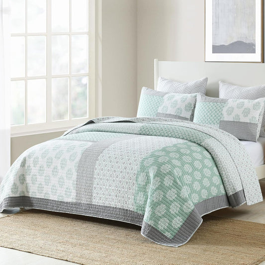 PANGUSHAN Quilt Set King Size, 100% Cotton Bedspread Quilt Bedding Set, Patchwork Reversible Floral Quilt for King Bed, Green/Grey/White Bed Spread, Lightweight Comforter for All Season, 3 Pieces