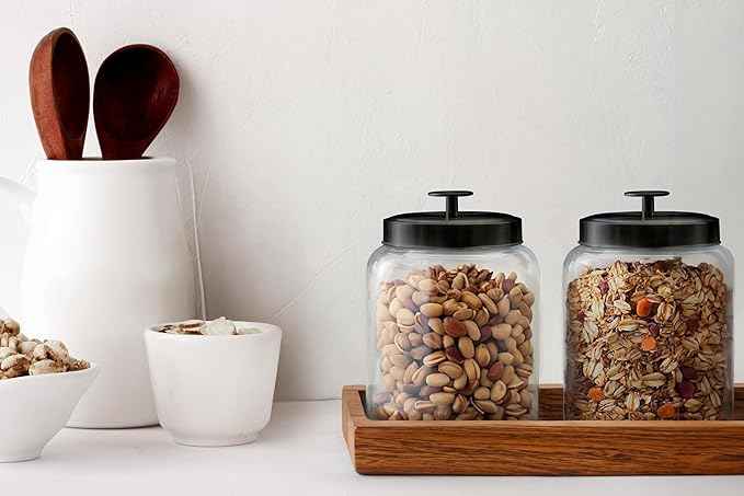 KooK Glass Kitchen Canister Set, Food & Storage Containers for Pantry, Bathroom Apothecary Jars, Tinplate Lids, Counter Organizers, 0.74 Gallon, Black, Set of 2