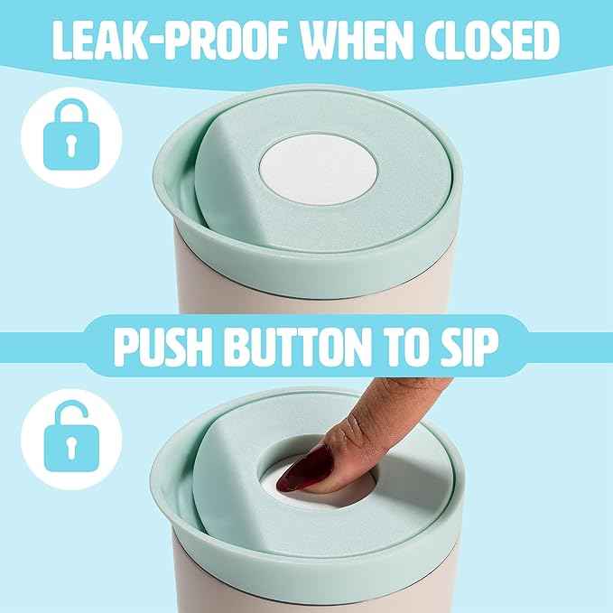 Tasty 12oz Insulated Stainless Steel Push Mug, Leak-Proof Lid with One-Hand Open/Close Button, Travel Coffee Cup, Double Wall Vacuum Flask, Cream