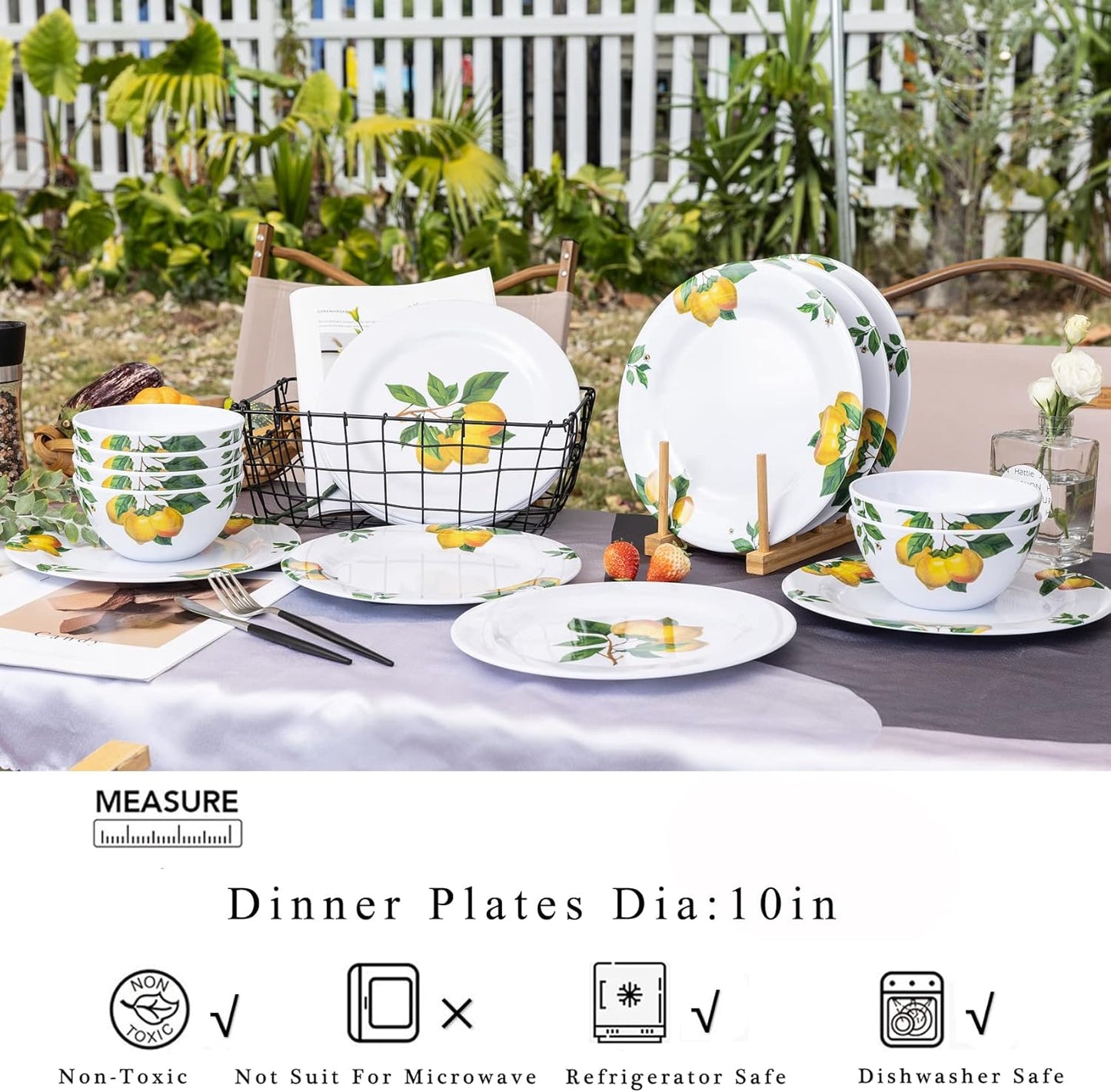 Melamine Dinner Plates 10 Inch – Lemon Print Design Dishes Set of 6,Outdoor & Indoor Use,Shatterproof & Dishwasher Safe,Perfect for Picnic, Patio, and Everyday Dining,White
