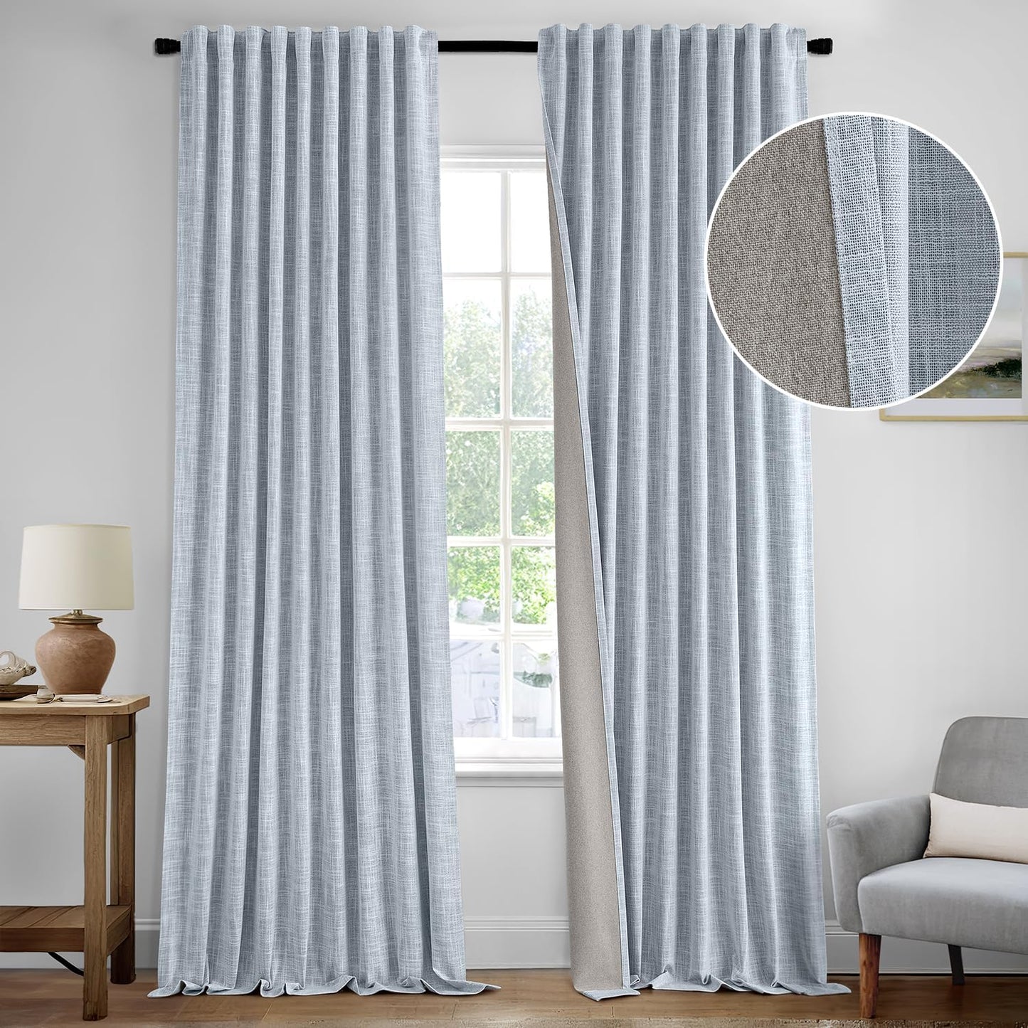 MIULEE Light Blue 100% Blackout Linen Curtains 108 Inch 2 Panels Set Double Sided No Coating Pleated Back Tab Black Out Extra Long Thermal Insulated Pinch Pleat Bedroom Living Room Darkening Drapes