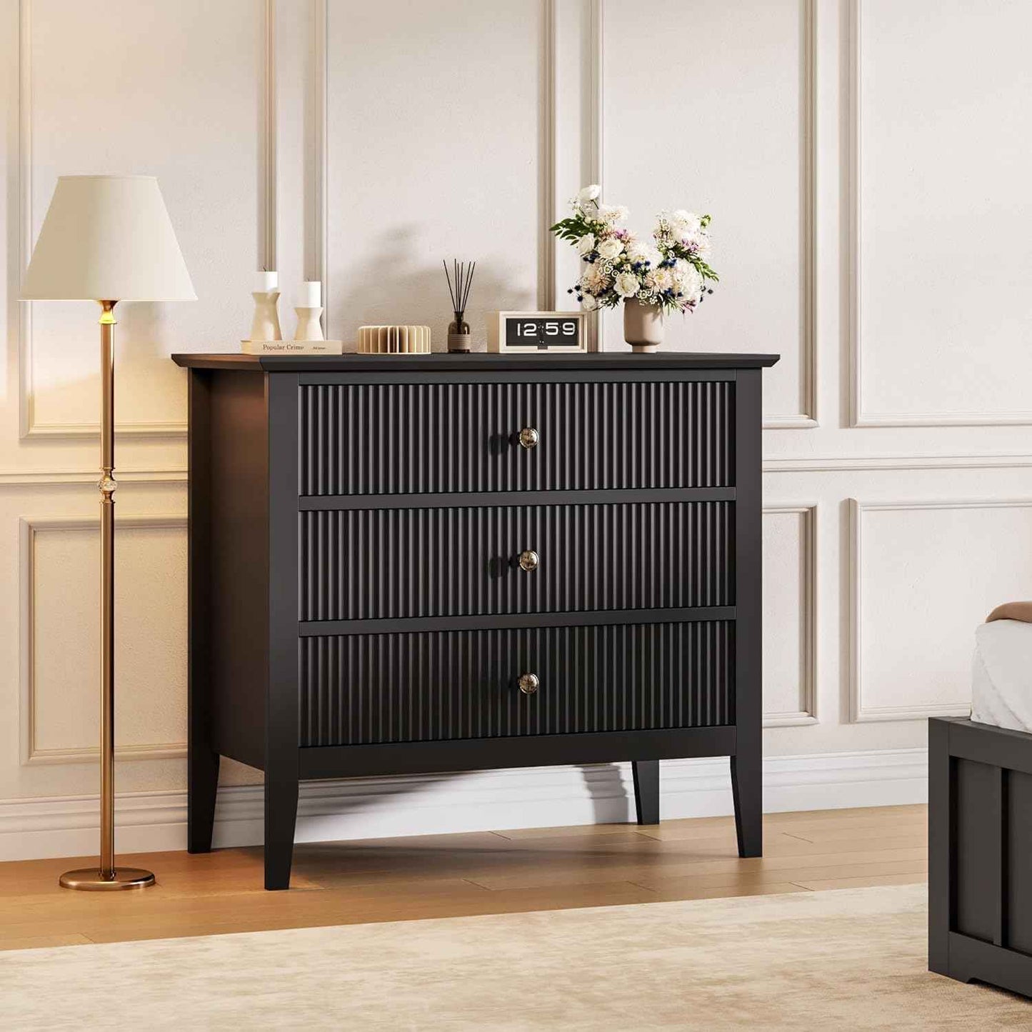 Fluted 3 Drawer Dresser, 31.5 in Wide Dresser Nightstand for Bedroom, Modern Wood Chest of Drawers, Large Painted Nightstand with 3 Drawers for Closet, Hallway, Entryway