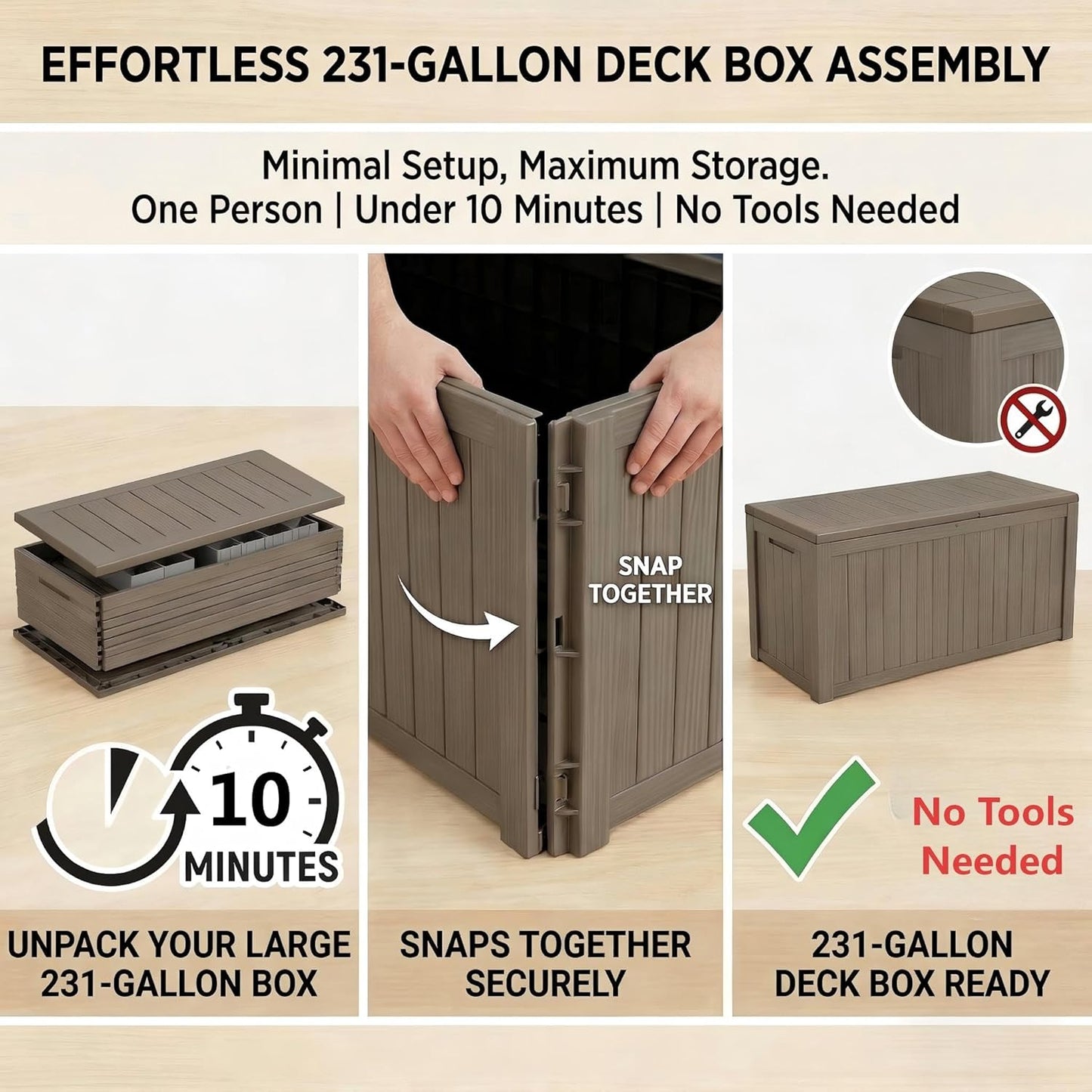 Large 231 Gallon Resin Deck Box, Heavy Duty Lockable Patio Storage Box Outdoor, Waterproof Tool Box for Garden Furniture Cushions & Pool Supplies, Wood Grain Outdoor Storage Bench for Backyard