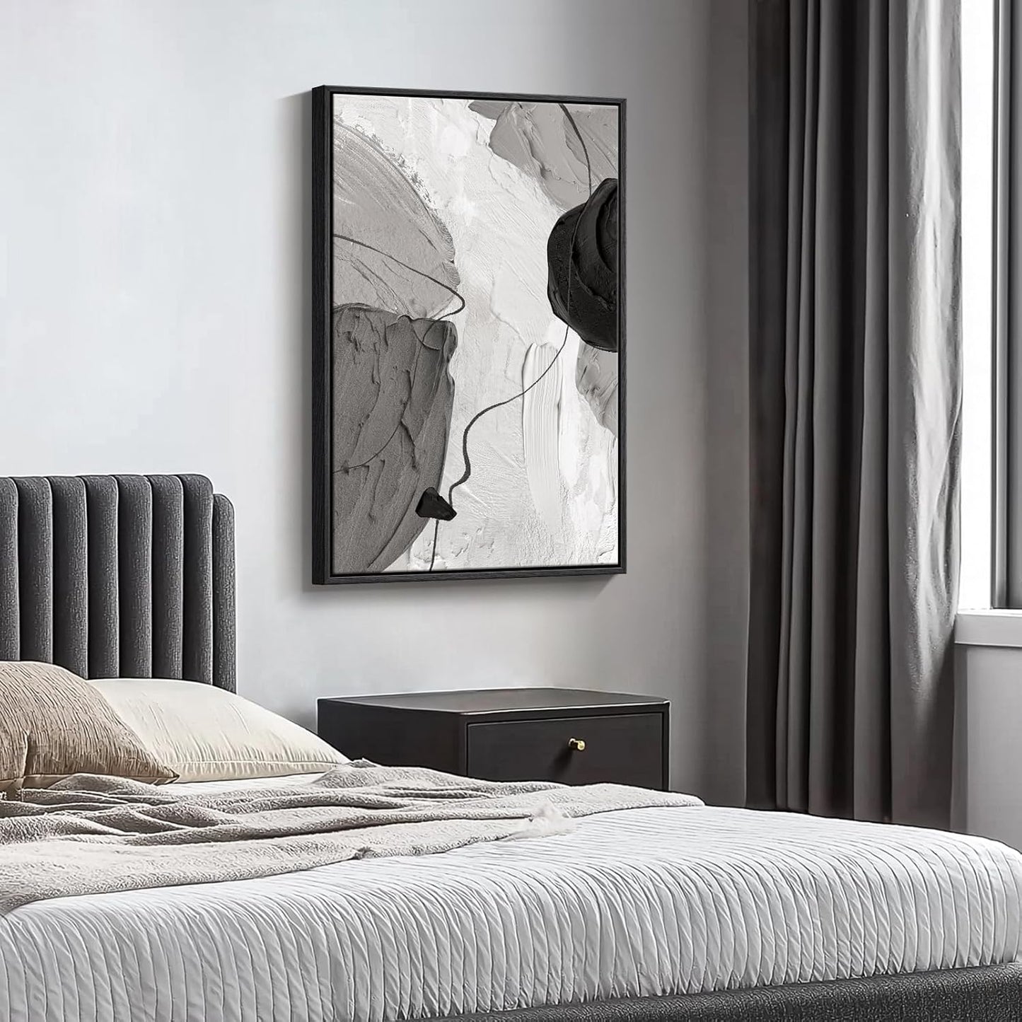 Framed Black and White Abstract Canvas Wall Art, Large Modern Art Prints Paintings Artwork for Walls, Minimalist Gray Pictures for Living Room Bedroom Dining Room Office Bathroom Wall Decor 24x36 In