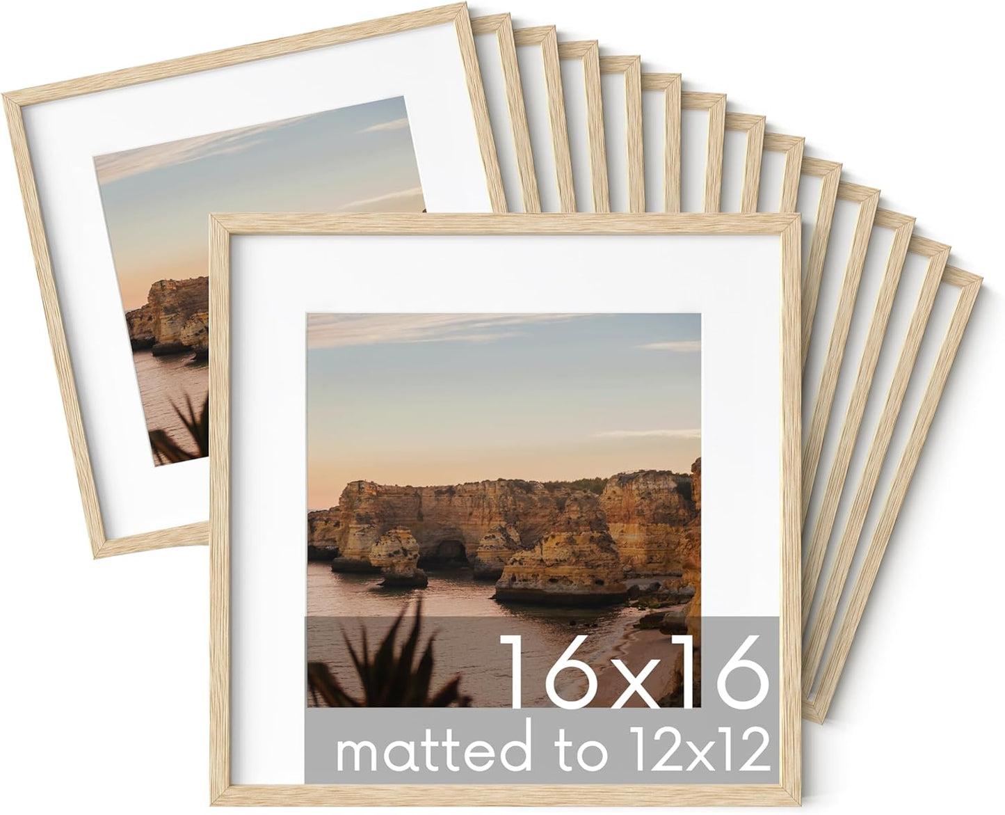 HAUS AND HUES Square Picture Frames 16 x 16 Set of 15 - Photo Gallery Wall Frame Set, Wood 16x16 Frames, 16 x 16 Frames Gallery Wall Set, 16x16 Frame with Mat, Square Frames 16x16 (Beige Oak Frames)