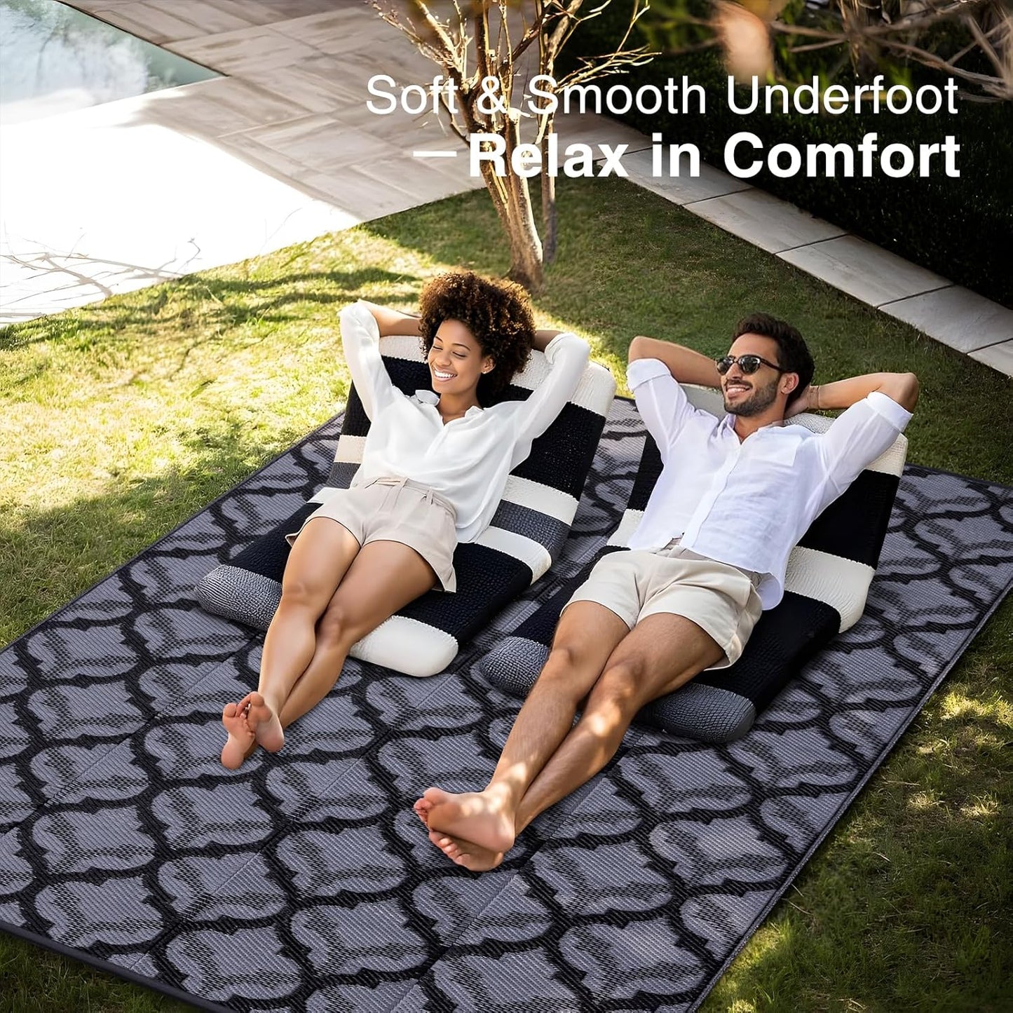 OLANLY Reversible Outdoor Rug 9x12 ft Clearance, Waterproof Outdoor Plastic Straw Rug with Interlacing Pattern, RV Mat for Patio, Camping, Balcony, Deck, Backyard, Black & Grey