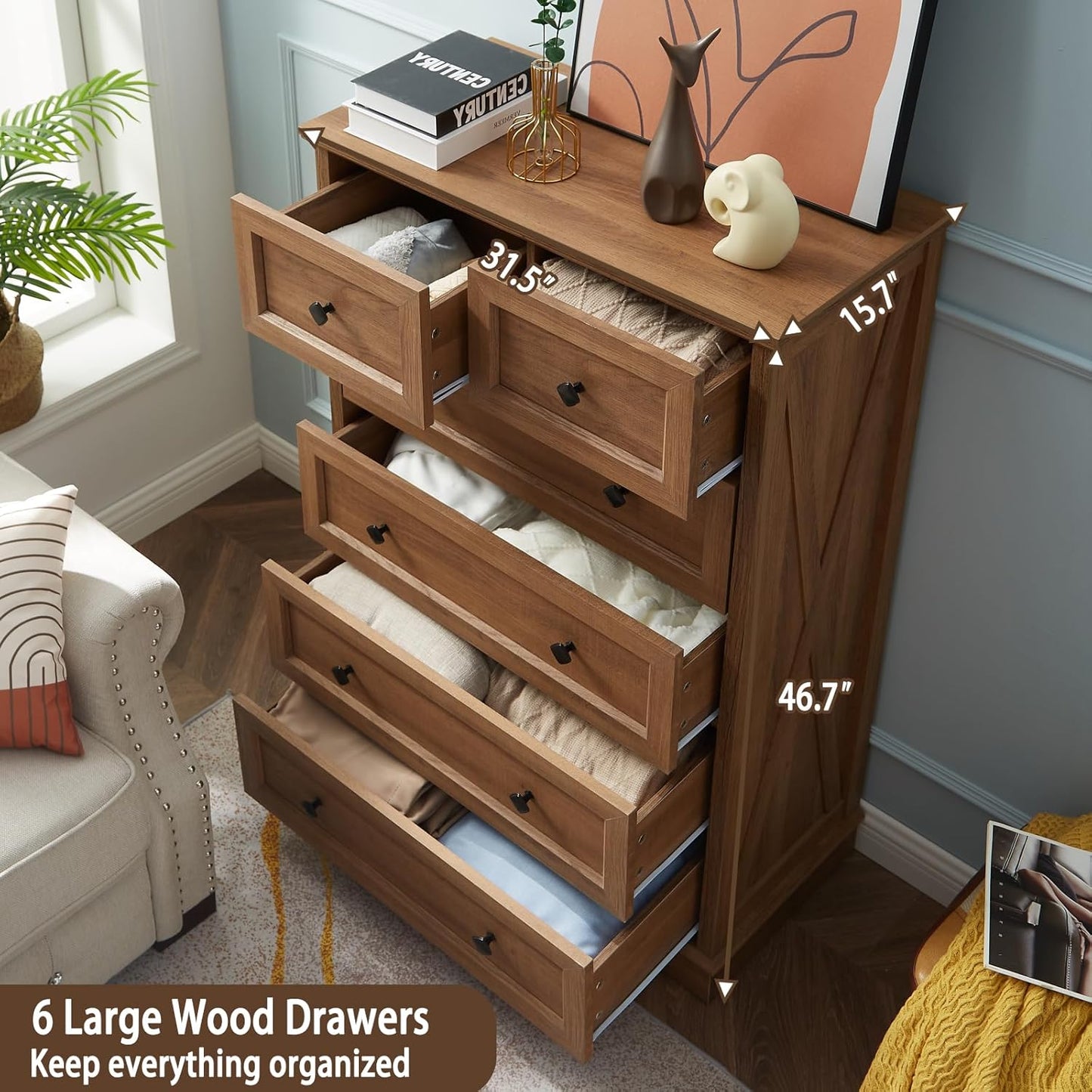 Farmhouse 6 Drawers Dresser Chests for Bedroom, Rustic 6 Chest of Drawers, Wood Dressers Organizer for Closet, Modern Storage Organizer Cabinet for Living Room, Hallway, Entryway, Natural Oak