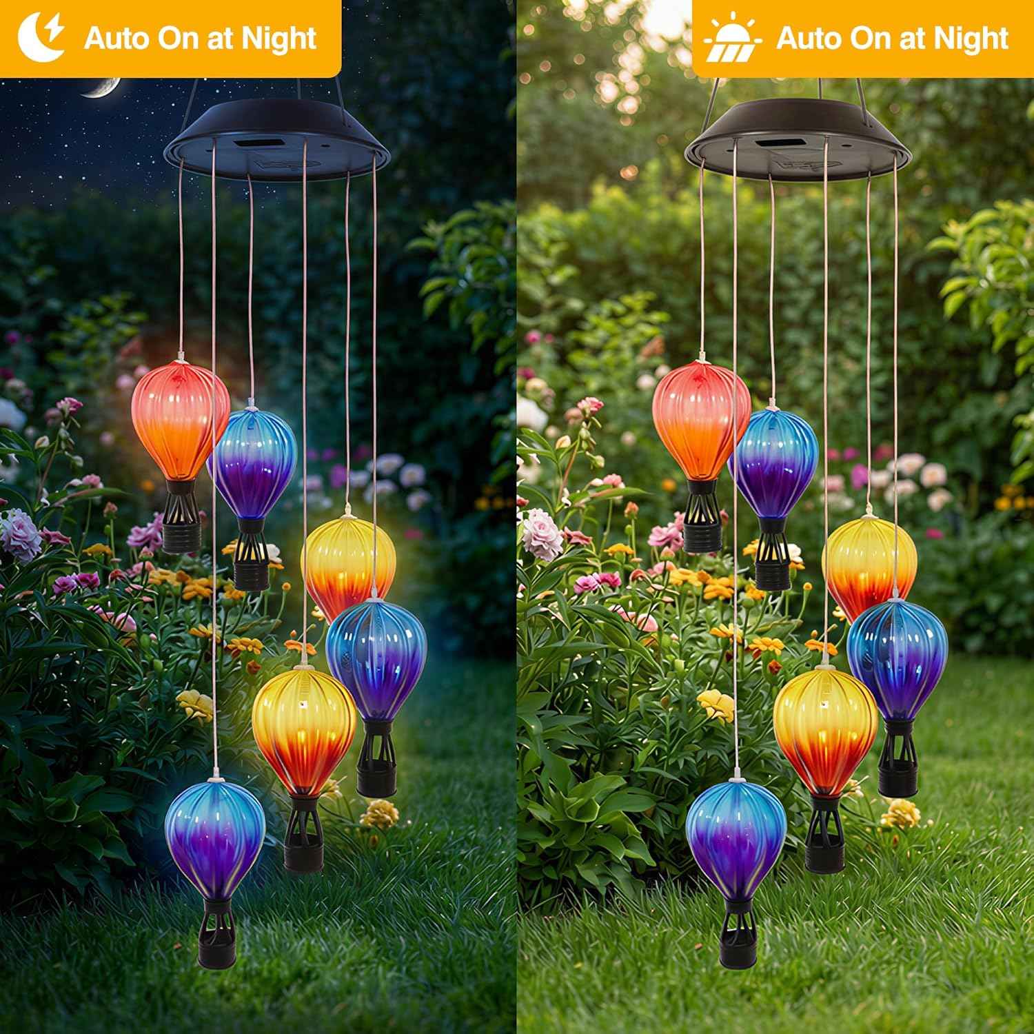 2 Pack Solar Wind Chimes with Hot Air Balloon Design, Color Changing Hot Air Balloon Solar Lantern Outdoor Lights, Wind Chimes Decor for Garden Patio Yard Gifts for Women Mom Grandma